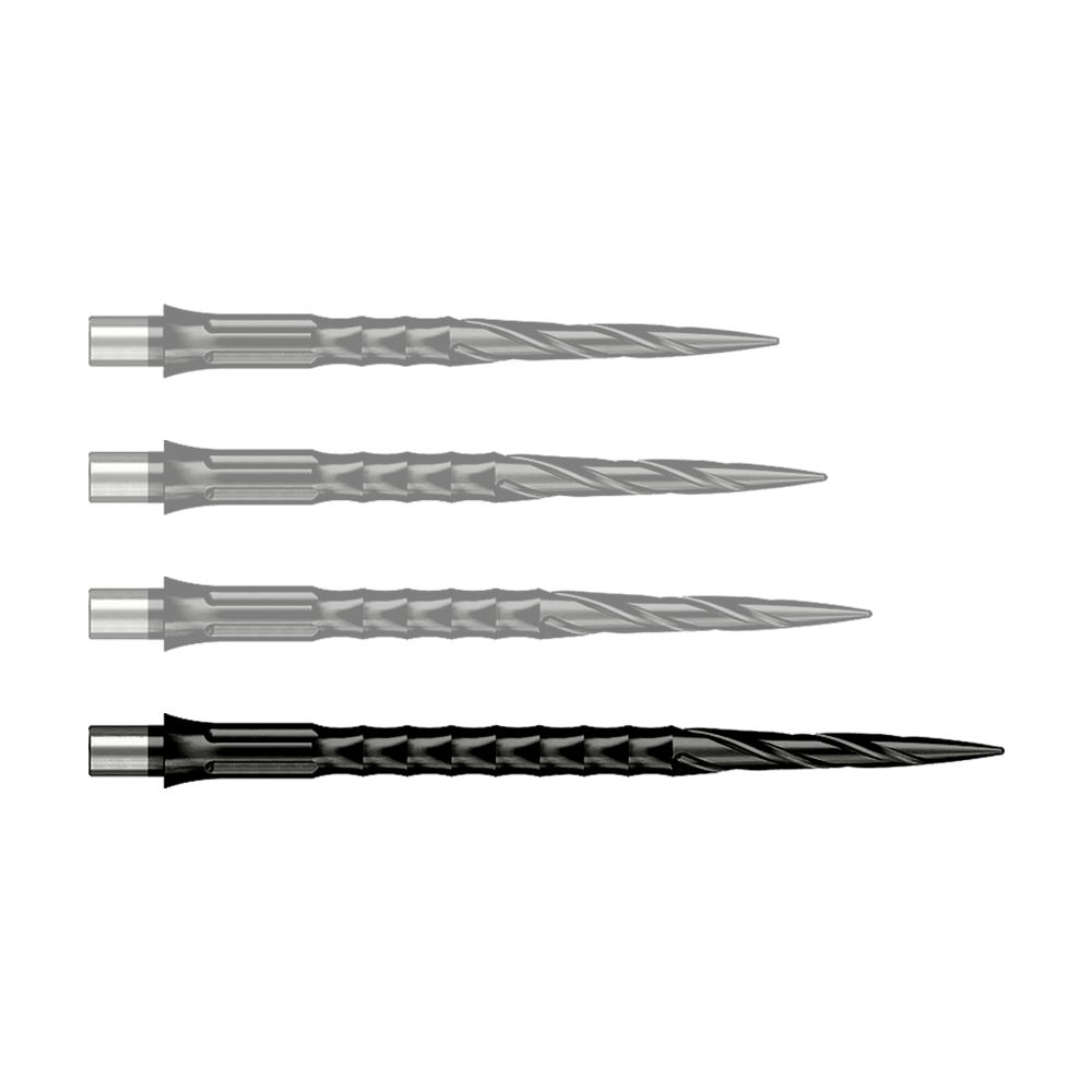 Caliburn System Steeldartspitzen - Spiro - No Lip - Black Zu sehen ist ein Produkt mit dem Dateinamen EVO033_Caliburn_Evo_System_Steeldartspitzen_Spiro_NoLip_Black_40mm_1. Wahrscheinlich handelt es sich um eine einzelne schwarze Steeldartspitze.