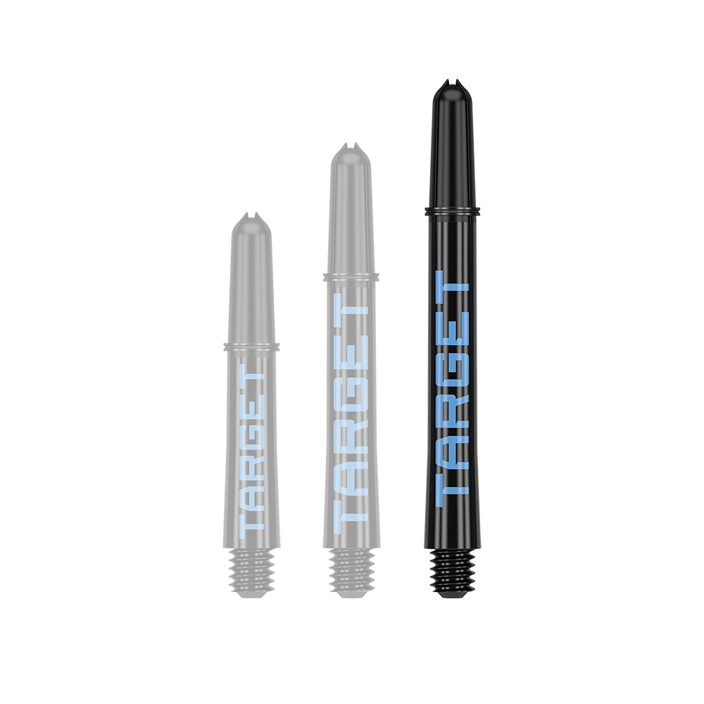 Tiges Target Pro Grip TAG - 3 jeux - Noir et bleu Auf dem Bild sind drei schwarze Dart-Schäfte in verschiedenen Längen zu sehen. Auf jedem Schaft steht das Wort "TARGET" in blauer Schrift.