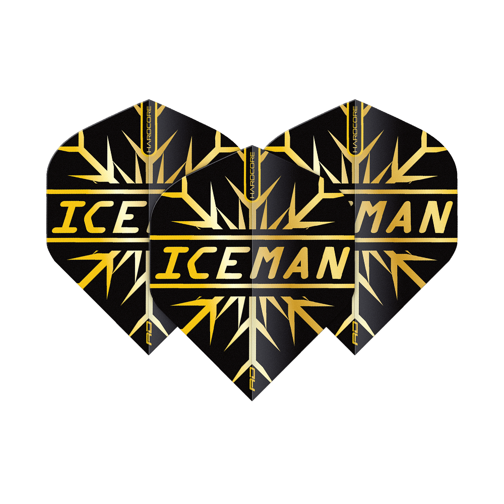 TF6844_Red_Dragon_Hardcore_Gerwyn_Price_Gold_Snowflake_Standard_Flights_1NbTZbdwTX9EOP Das Bild zeigt drei schwarze Dart-Flights mit goldenen Schneeflocken-Designs. In der Mitte steht in goldener Schrift das Wort "ICEMAN".
