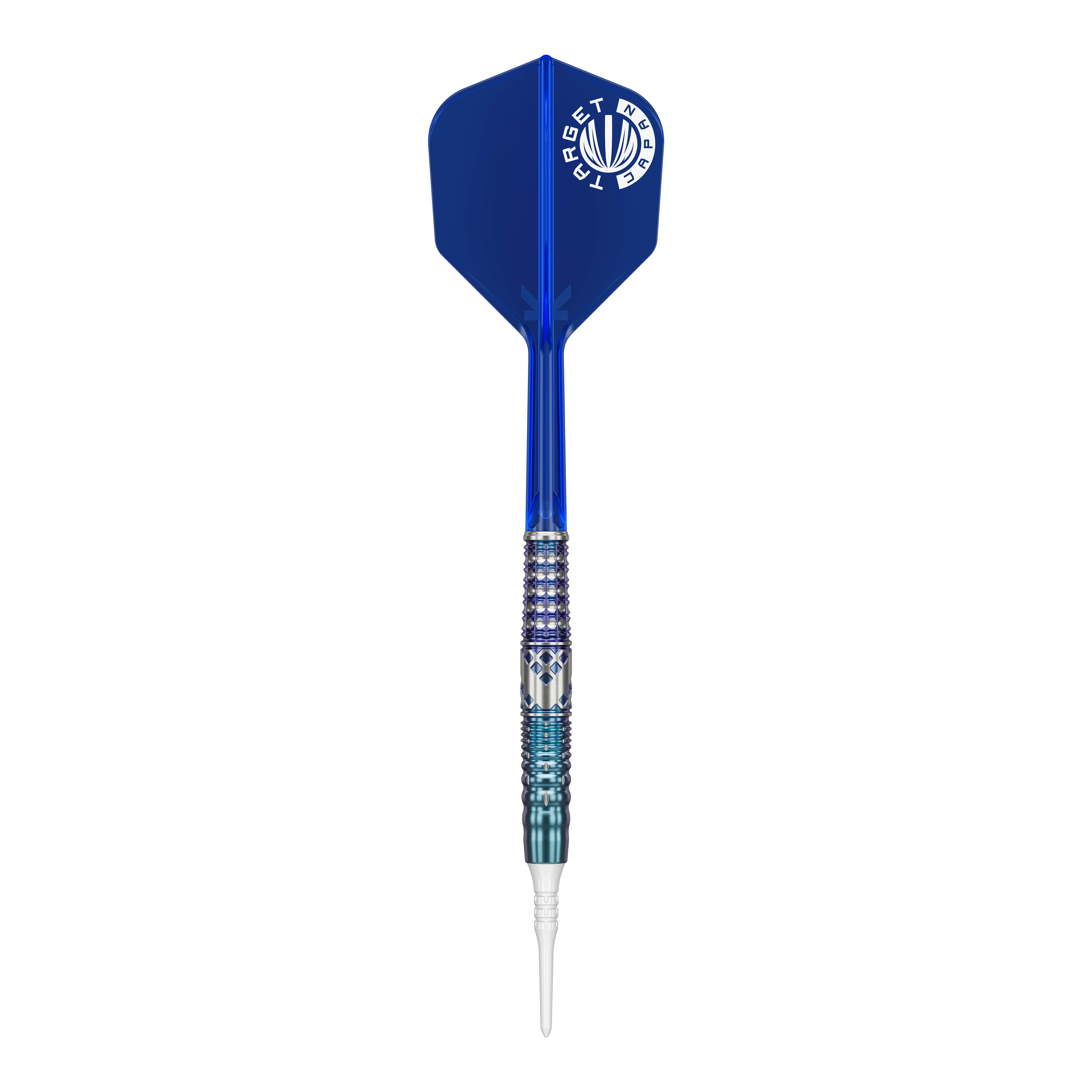 Dardos blandos Target Japan Cathy Leung Charis GEN5 - 19 g Das Bild zeigt einen Softdart mit einem blauen Flight und silber-blau gemustertem Griff. Es handelt sich um das Produkt "Target Japan Cathy Leung Charis GEN5 Softdarts - 19g".