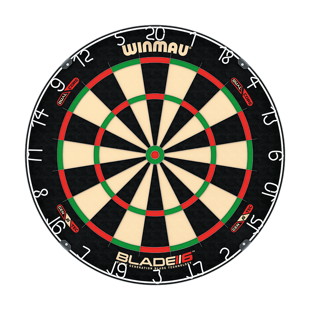 3031_Winmau_Blade_6_DualCore_Steeldartboard_1 Winmau Blade 6 Dualcore Steeldartboard wird frontal dargestellt. Die Zonen und Zahlen sind auffällig.