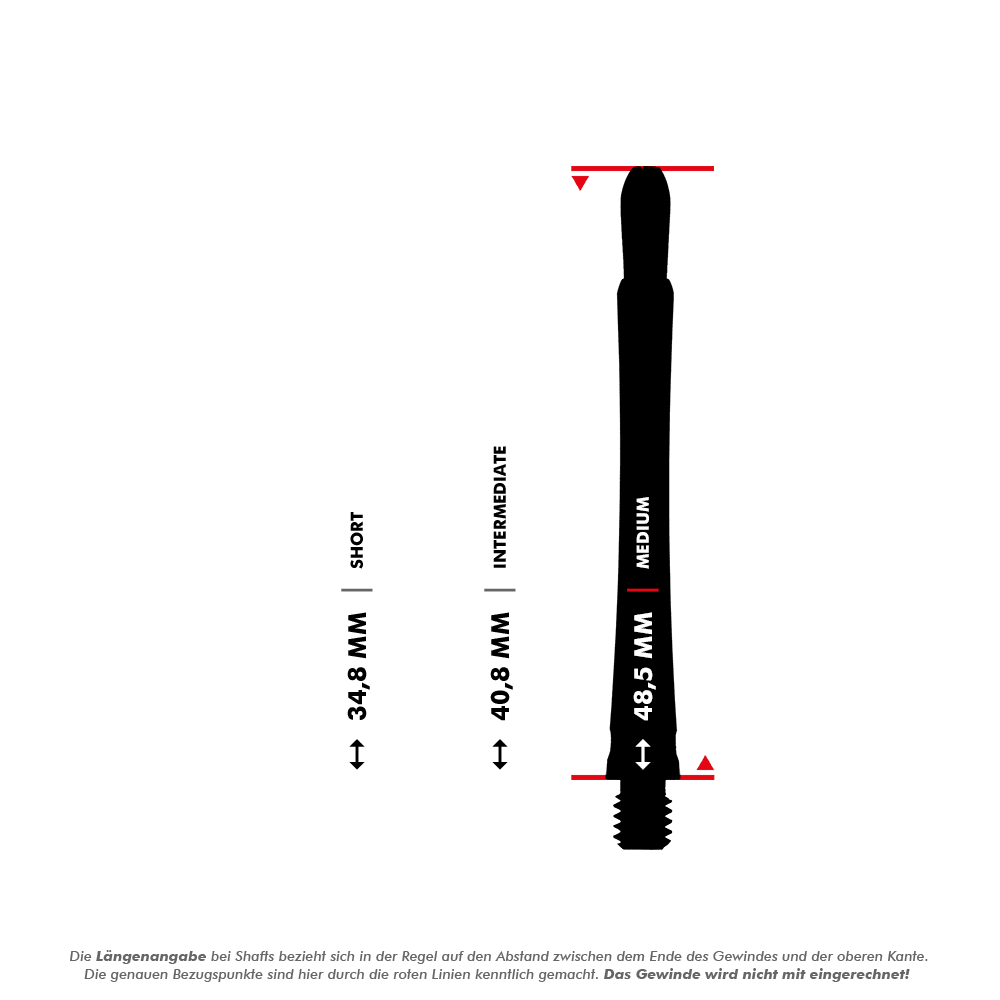 146210_Target_Grip_Style_Aluminium_Shafts_5_485mmL8Q9Nbu9TI6QS Das Bild zeigt drei verschieden lange Target Grip Style Aluminium Shafts in Rot. Die Längen sind als Short (34,5 mm), Intermediate (42,2 mm) und Medium (48,5 mm) dargestellt.