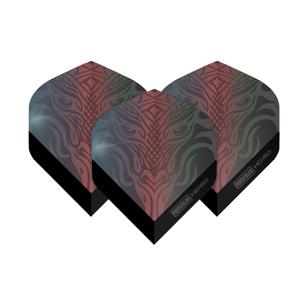 Pentathlon HD150 metalicky šedé standardní letky Das Bild zeigt drei Pentathlon HD150 Metallic Grau Standard Flights für Dartpfeile. Die Flights haben ein auffälliges, mehrfarbiges Muster in Grau und Rot.