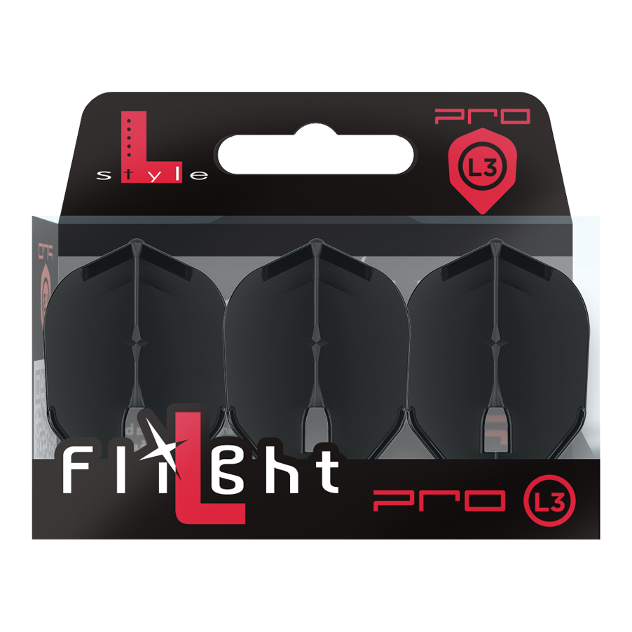 L-Style Champagne L3PRO Shape Flights Auf dem Bild ist eine Verpackung mit drei schwarzen Dart-Flights der Marke L-Style zu sehen. Die Packung trägt die Bezeichnung „L3 PRO“ und ist modern gestaltet.