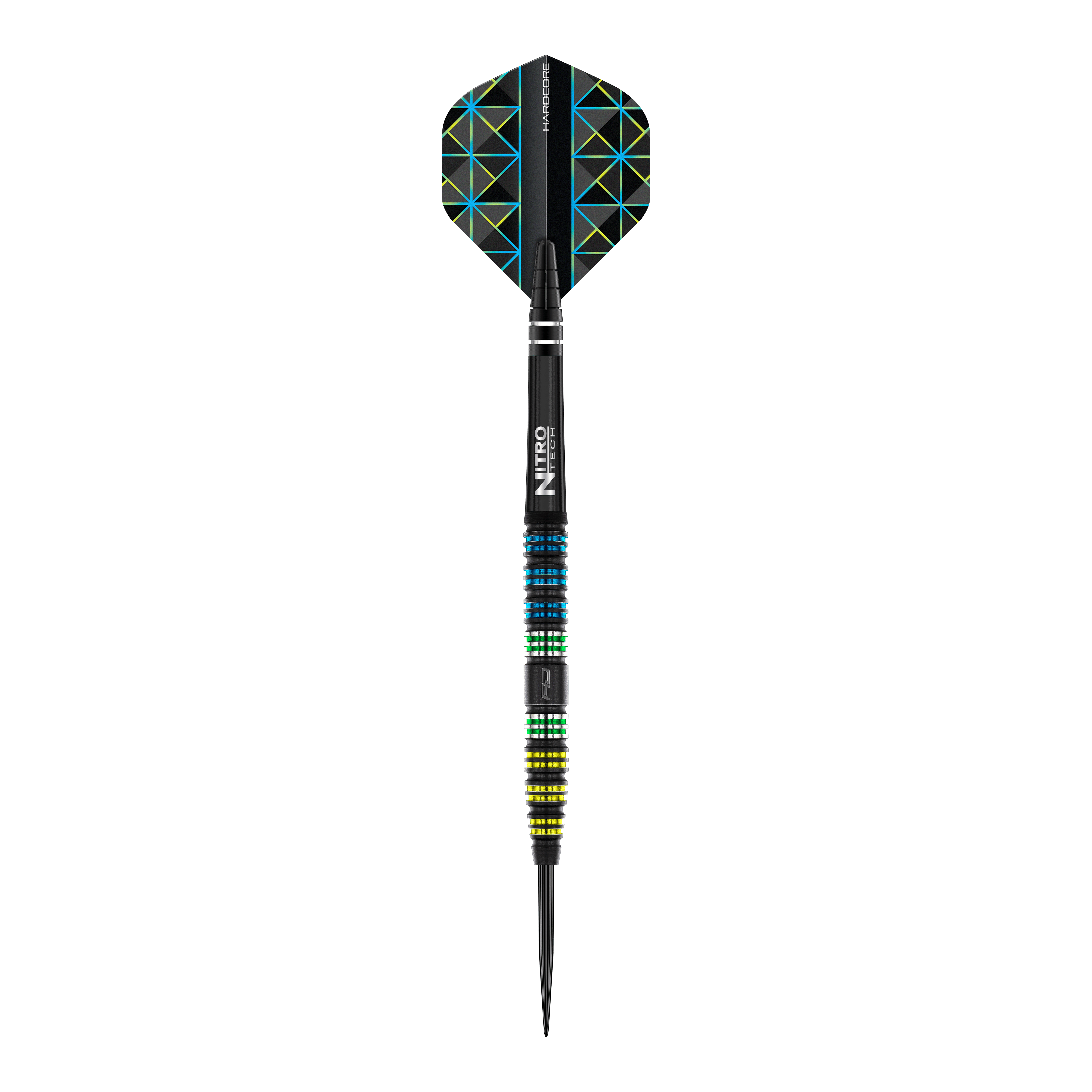 Šipky Red Dragon Dragon 95 černé, zúžené, ocelové Das Bild zeigt einen Red Dragon Dragonfly 95 Black Tapered Steeldart. Der Dart hat ein schwarzes Design mit farbigen Ringen und geometrischen Mustern auf den Flights.