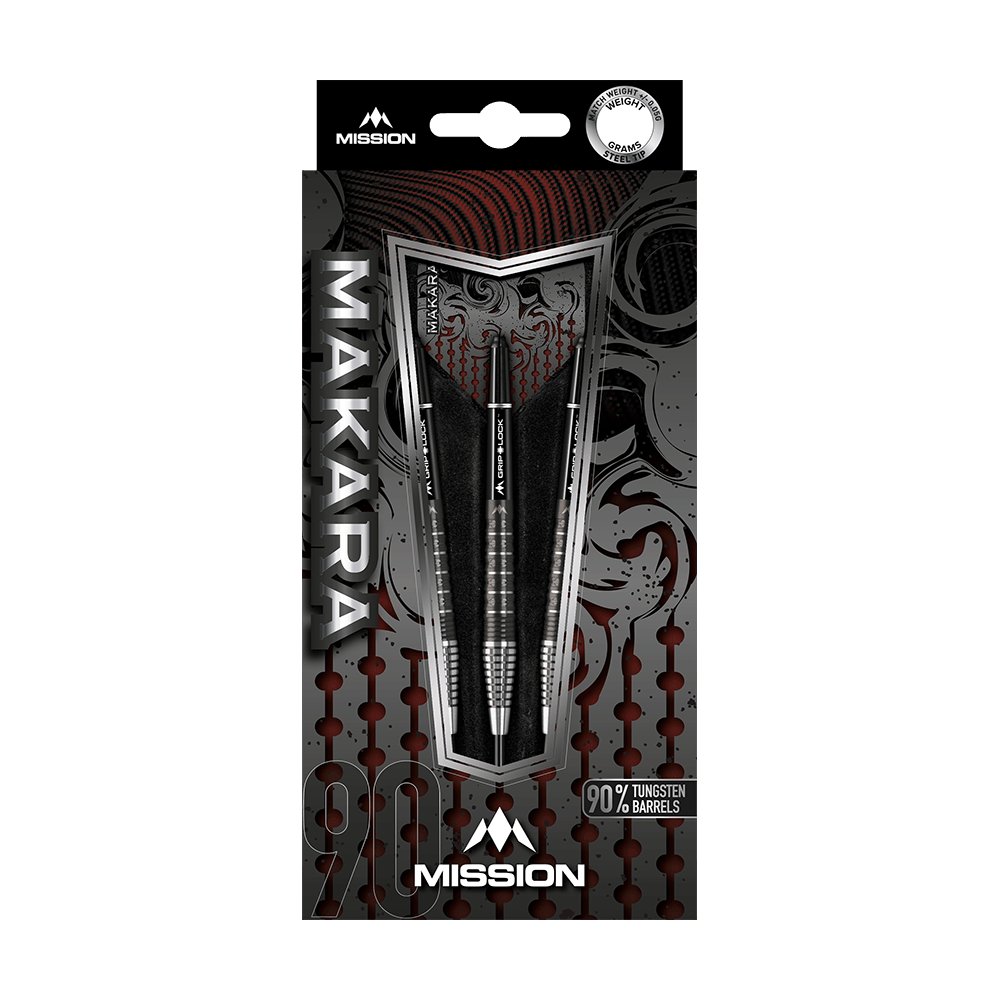 Mission Makara M2 Steeldarts - 23g Das Bild zeigt die Verpackung der Mission Makara M2 Steeldarts mit einem Gewicht von 23 Gramm. Die Darts bestehen zu 90 % aus Tungsten und sind ansprechend gestaltet.