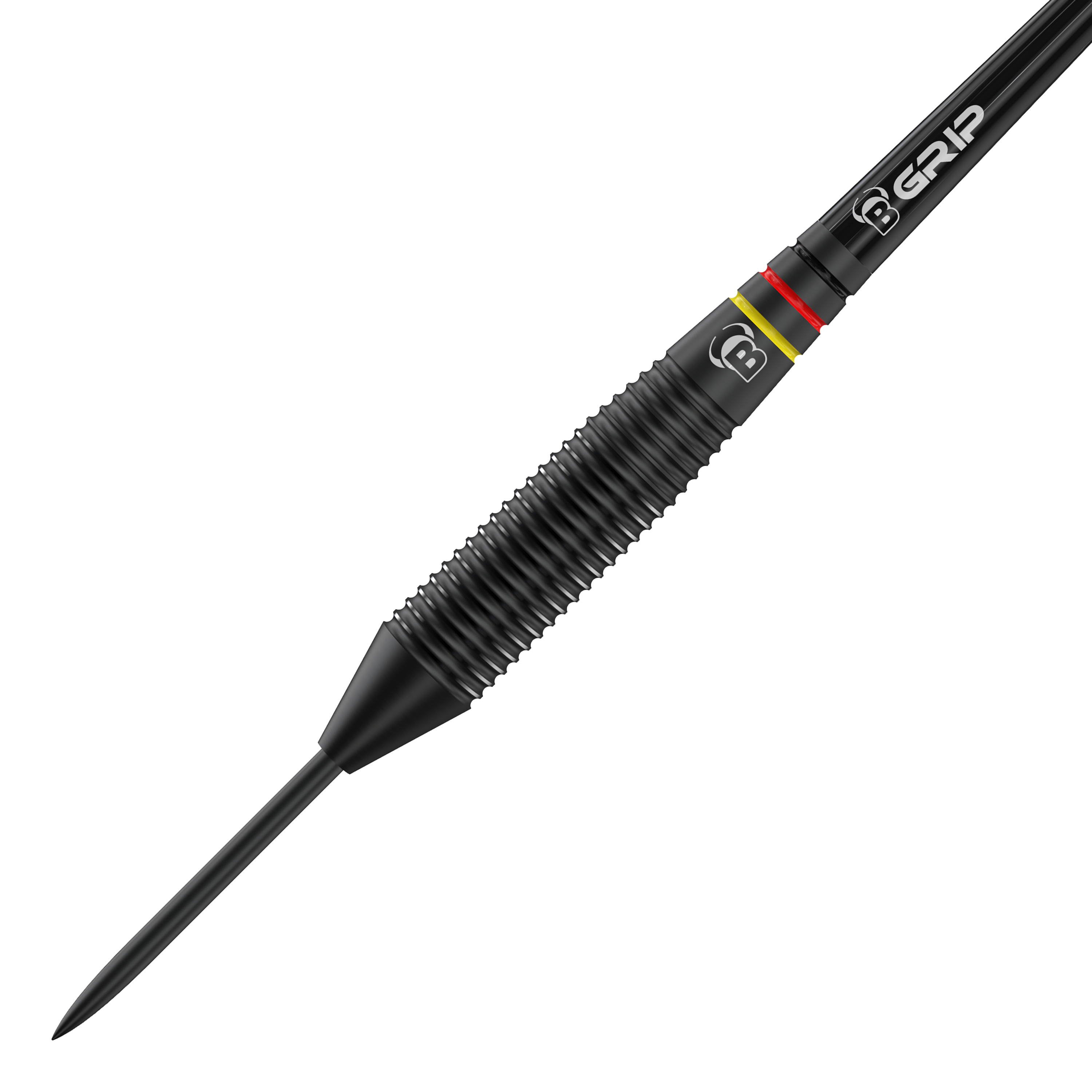 Býci Martin Schindler The Wall Černé mosazné ocelové šipky Das Bild zeigt einen schwarzen Steeldart aus der Produktreihe "Bulls Martin Schindler The Wall Black Brass Steeldarts". Der Dartpfeil hat ein geriffeltes Griffstück und farbige Ringe nahe dem Übergang zur Schaftaufnahme.