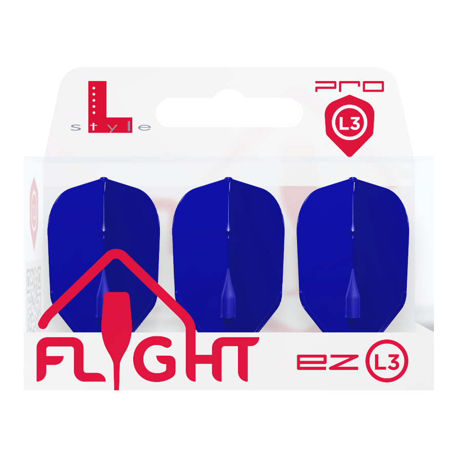 L-Style L3EZ Flights Die Verpackung zeigt drei blaue Dart-Flights der Marke L-Style. Auf der Packung steht "FLIGHT ez L3" in roten Buchstaben.
