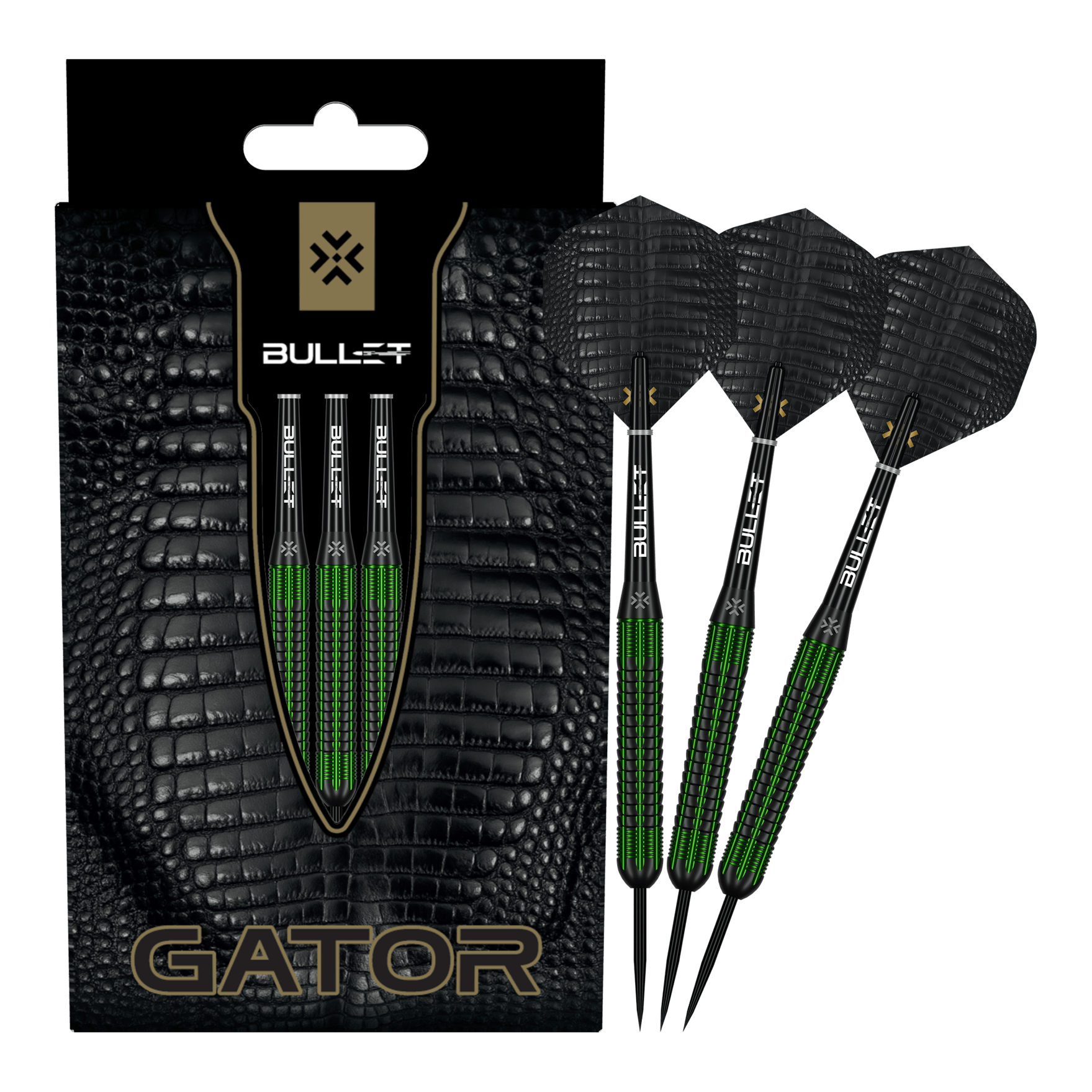 Bullet Gator freccette in ottone e acciaio - 22 g Zu sehen sind die Bullet Gator Brass Steeldarts - 22g in voller Ansicht. Sie sind aus Messing gefertigt und wiegen 22 Gramm.