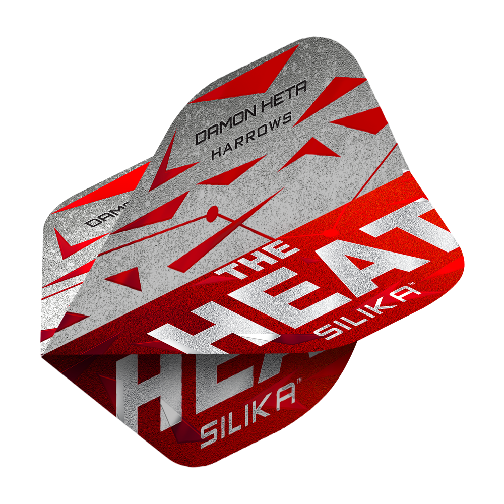 Lety Harrow's Silika Damon Heta Series 3 Das Bild zeigt die Harrows Silika Damon Heta Series 3 Flights. Die Flights sind überwiegend in Rot, Grau und Weiß gestaltet und tragen den Schriftzug "THE HEAT" sowie den Namen "DAMON HETA".