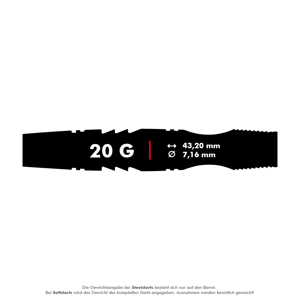 Měkké šipky Winmau Sniper Black - 20g Das Bild zeigt den Winmau Sniper Black Softdart mit einem Gewicht von 20 Gramm. Die Länge beträgt 43,20 mm und der Durchmesser 7,16 mm.