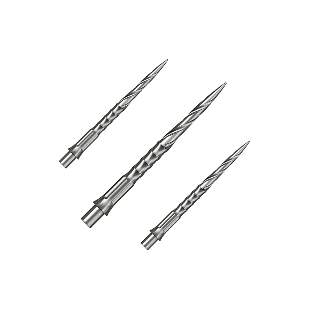 Ein Set silberner Steeldartspitzen ist auf dem Bild zu sehen. Die Spitzen sind im Spiro NoLip Stil und 30 mm lang.