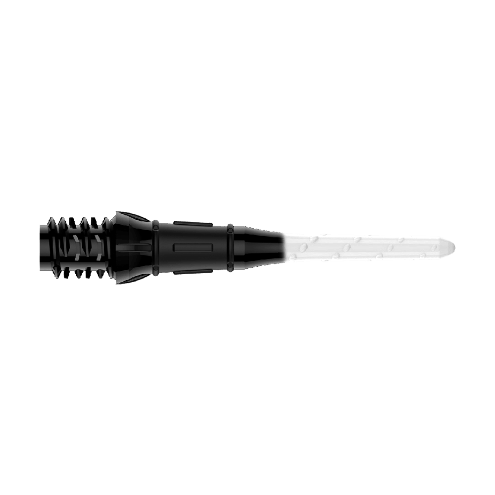 L-Style Premium Bicolore Lippoints (Paquet de 30) Das Bild zeigt eine schwarze und weiße Dartspitze mit einem zweifarbigen Design. Die linke Seite ist schwarz und die rechte Seite ist weiß.