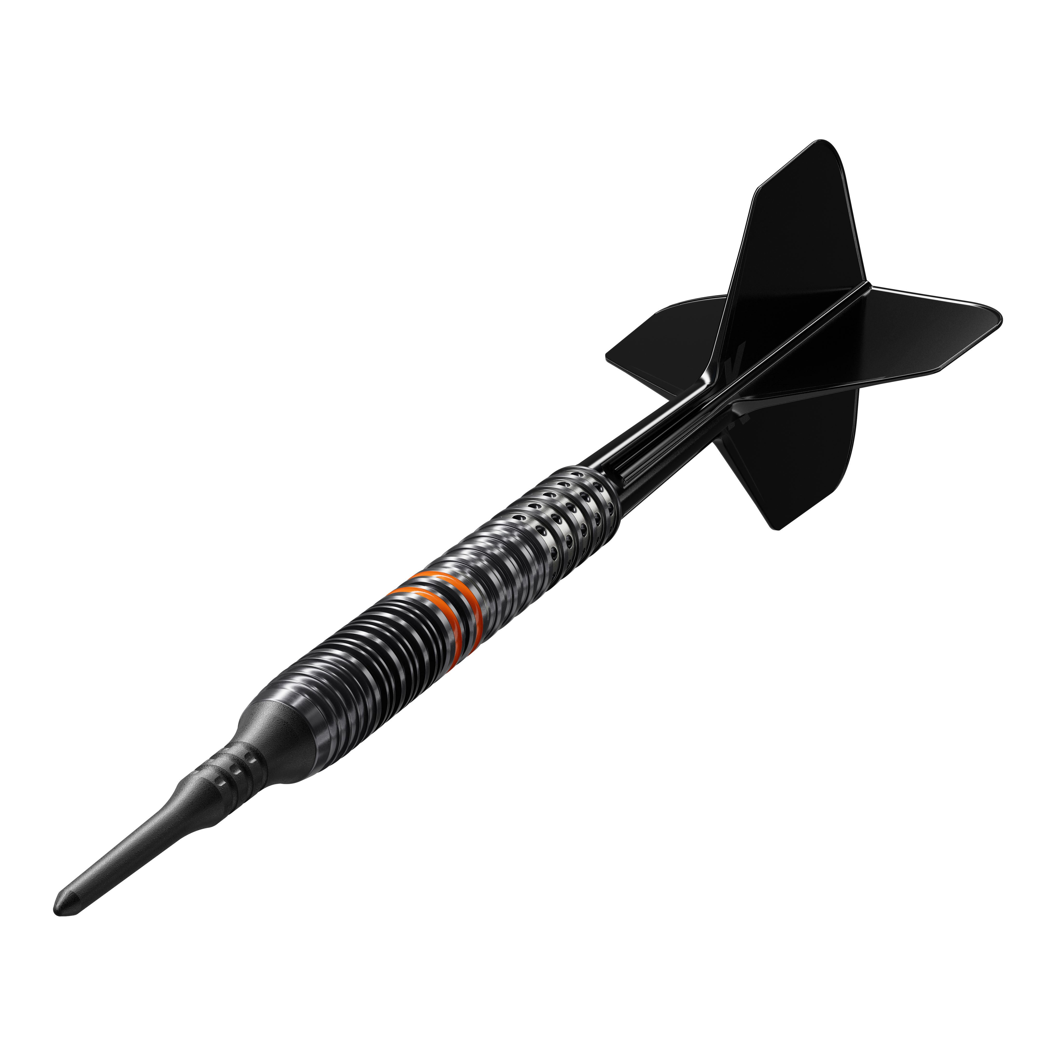 Fléchettes souples Target Japan Black Marque Morpheus GEN2 - 19 g Das Bild zeigt einen schwarzen Softdartpfeil mit einem metallisch geriffelten Barrel und schwarzen Flights. Der Dart hat orangefarbene Akzente und sieht hochwertig und modern aus.