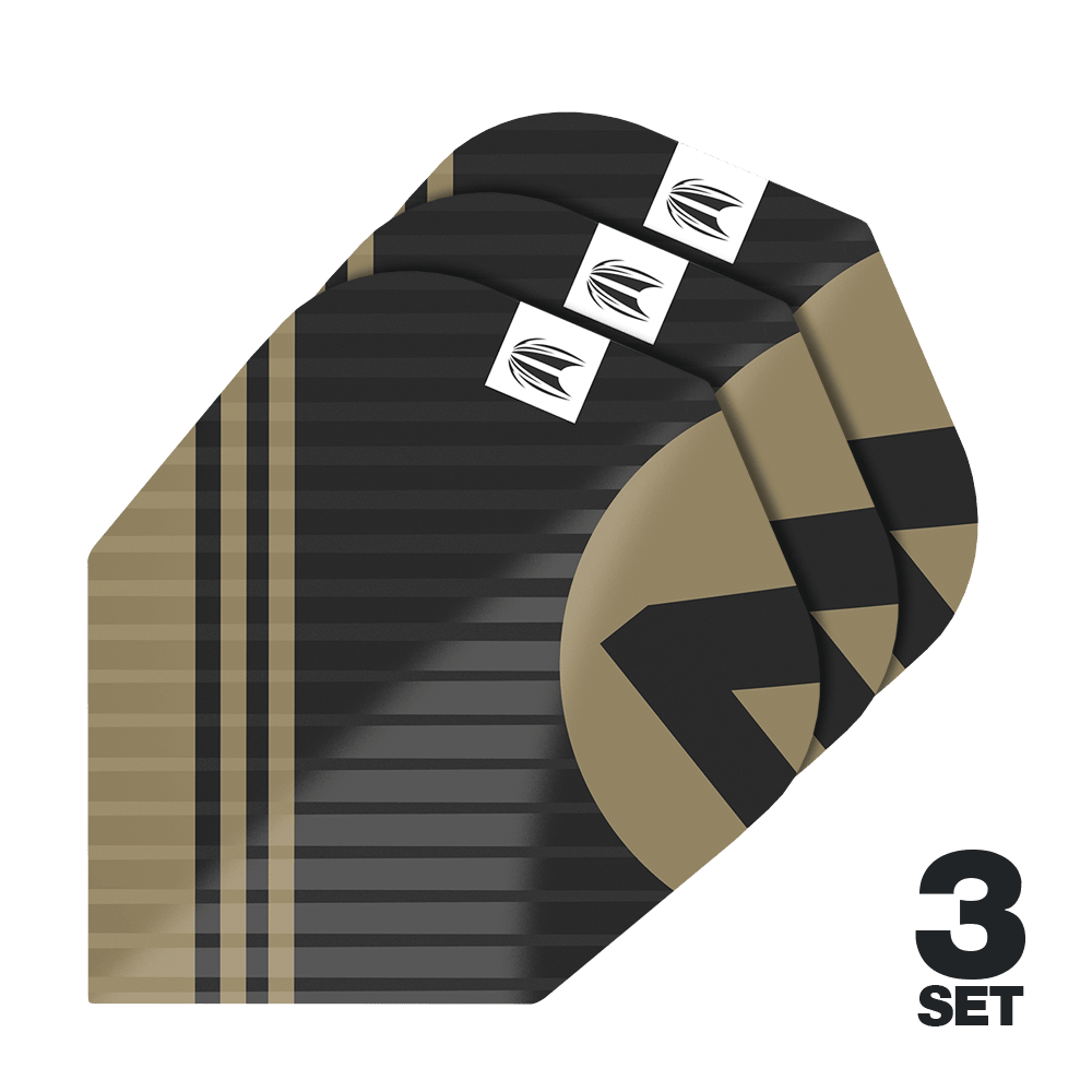Plumas Target Pro Ultra Chicane Black No6 - 3 juegos Das Bild zeigt die "Target Pro Ultra Chicane Black No6 Flights" in einem schwarz-goldenen Design. Es sind insgesamt 3 Sets der Flights abgebildet.