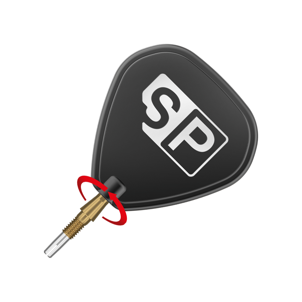 Target Swiss Storm Quartz Dartspitzen - Gold Das Bild zeigt eine schwarze Dartspitze mit der Aufschrift "SP" auf einem Flight. Ein roter Pfeil markiert eine Drehbewegung an der Verbindung zwischen Spitze und Flight.