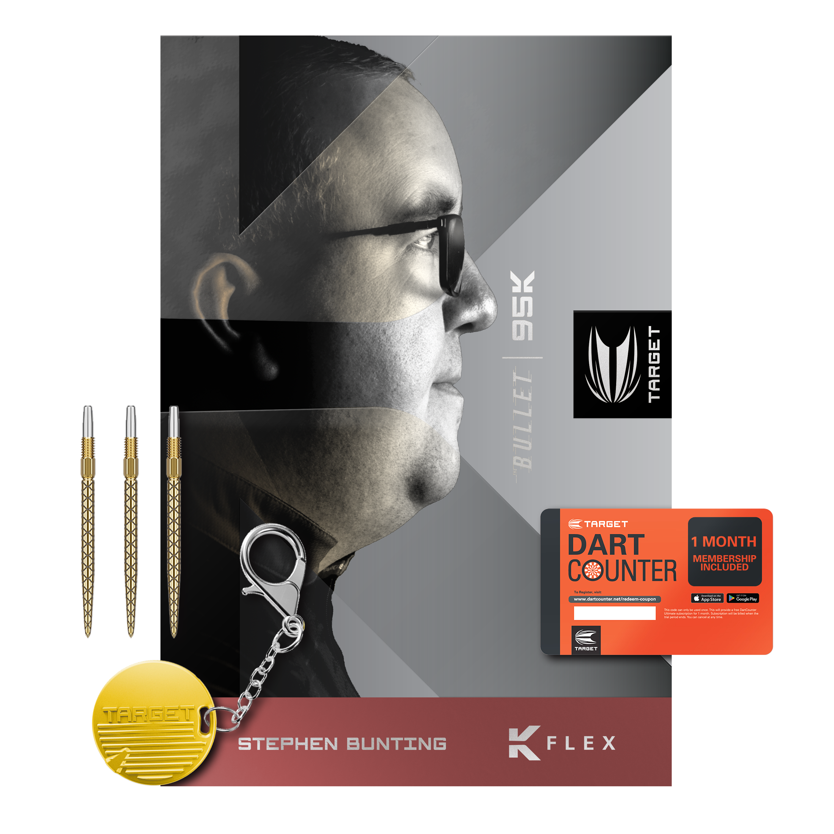 Dardos de acero Target Stephen Bunting 95K Swiss Point Das Bild zeigt das Produkt "Target Stephen Bunting 95K Swiss Point Steeldarts" mit drei Dartpfeilen, einem Schlüsselanhänger und einer Dart Counter-Mitgliedskarte. Auf der Verpackung ist ein Porträtfoto von Stephen Bunting abgebildet.