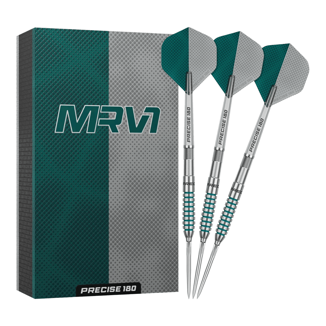 Hier sieht man die Precise 180 MRV1 Steeldarts - 23g in voller Länge. Sie sind ideal für genaue Würfe im Dartspiel.