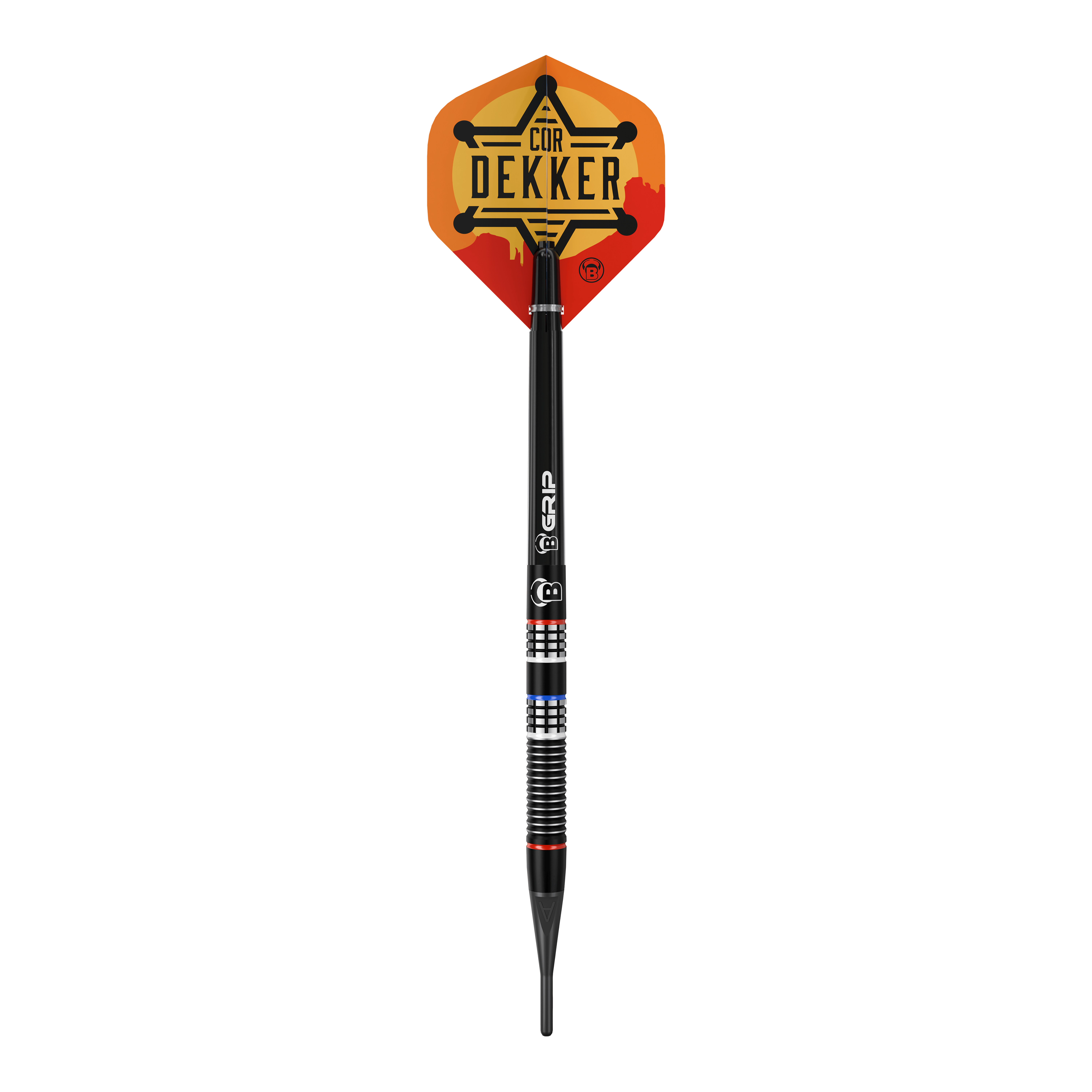 Auf dem Bild ist Bulls Cor Dekker The Sheriff Softdarts - 20g abgebildet. Diese hochwertigen Softdarts sind für elektronische Dartboards geeignet.