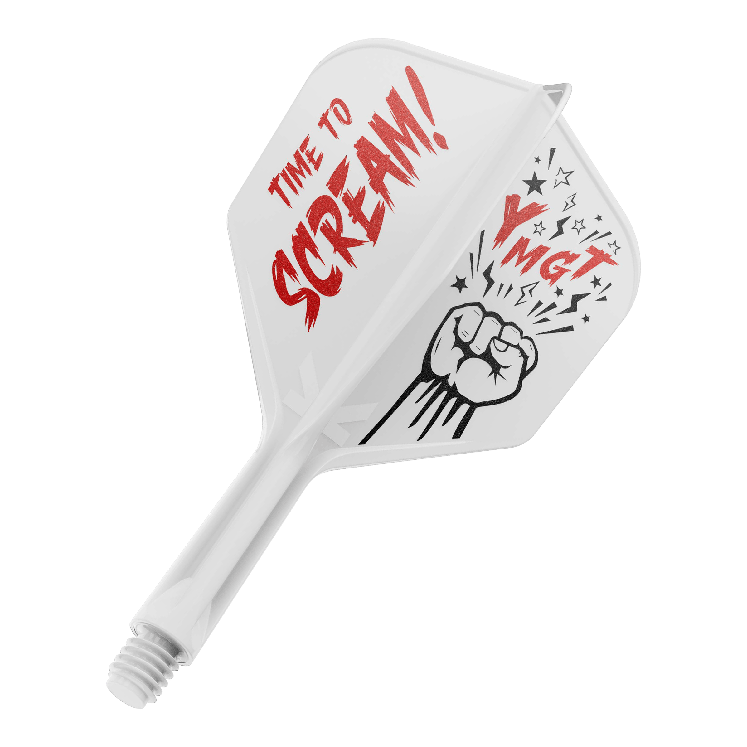 Target Japan K-Flex Scream No6 Flight Shaft System Das Bild zeigt eine Dartflügel- und Schaftkombination in Weiß mit roter und schwarzer Beschriftung. Auf dem Flügel steht "TIME TO SCREAM!" zusammen mit einer gezeichneten Faust und einigen Sternen.