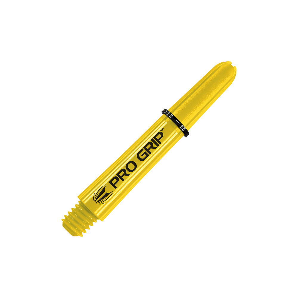 Tiges Target Pro Grip - 3 jeux - Jaune Das Bild zeigt einen gelben Dartshafts mit der Aufschrift "PRO GRIP". Der Schaft ist 34 mm lang und hat einen schwarzen Ring zur Befestigung.