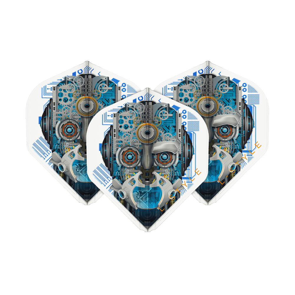 Letenky Berry Van Peer V3 Clear White L1EZ ve stylu L Das Bild zeigt drei Dartflights mit einem futuristischen Roboter-Design in Blau- und Grautönen. Die Flights sind von der Marke L-Style und heißen "Berry Van Peer V3 Clear White L1EZ".