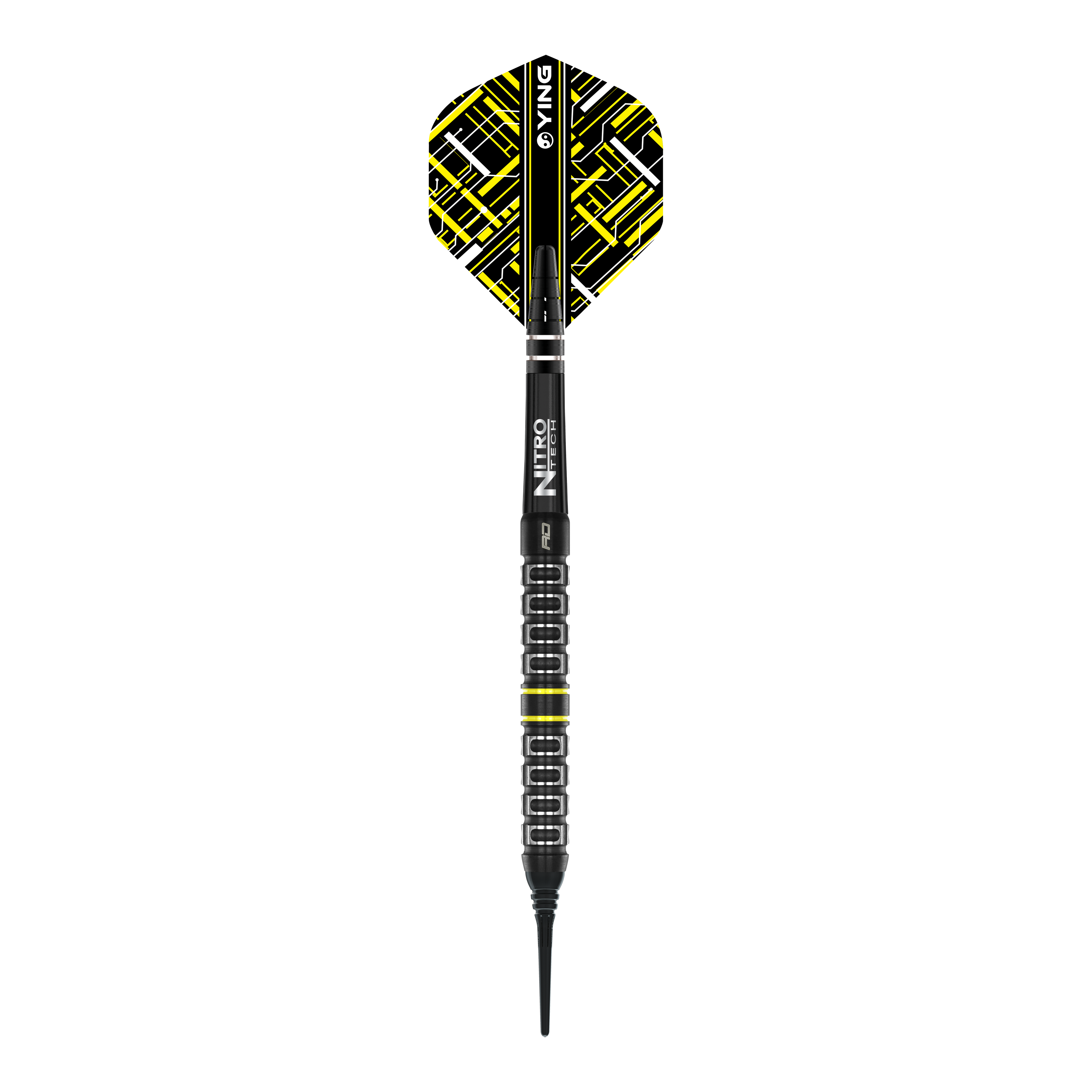 Red Dragon Astraeus Q4X Parallel Softdarts - 20g Das Bild zeigt einen Red Dragon Astraeus Q4X Parallel Softdart mit einem Gewicht von 20g. Der Dart hat schwarze und gelbe Designelemente und eine strukturierte Griffzone.