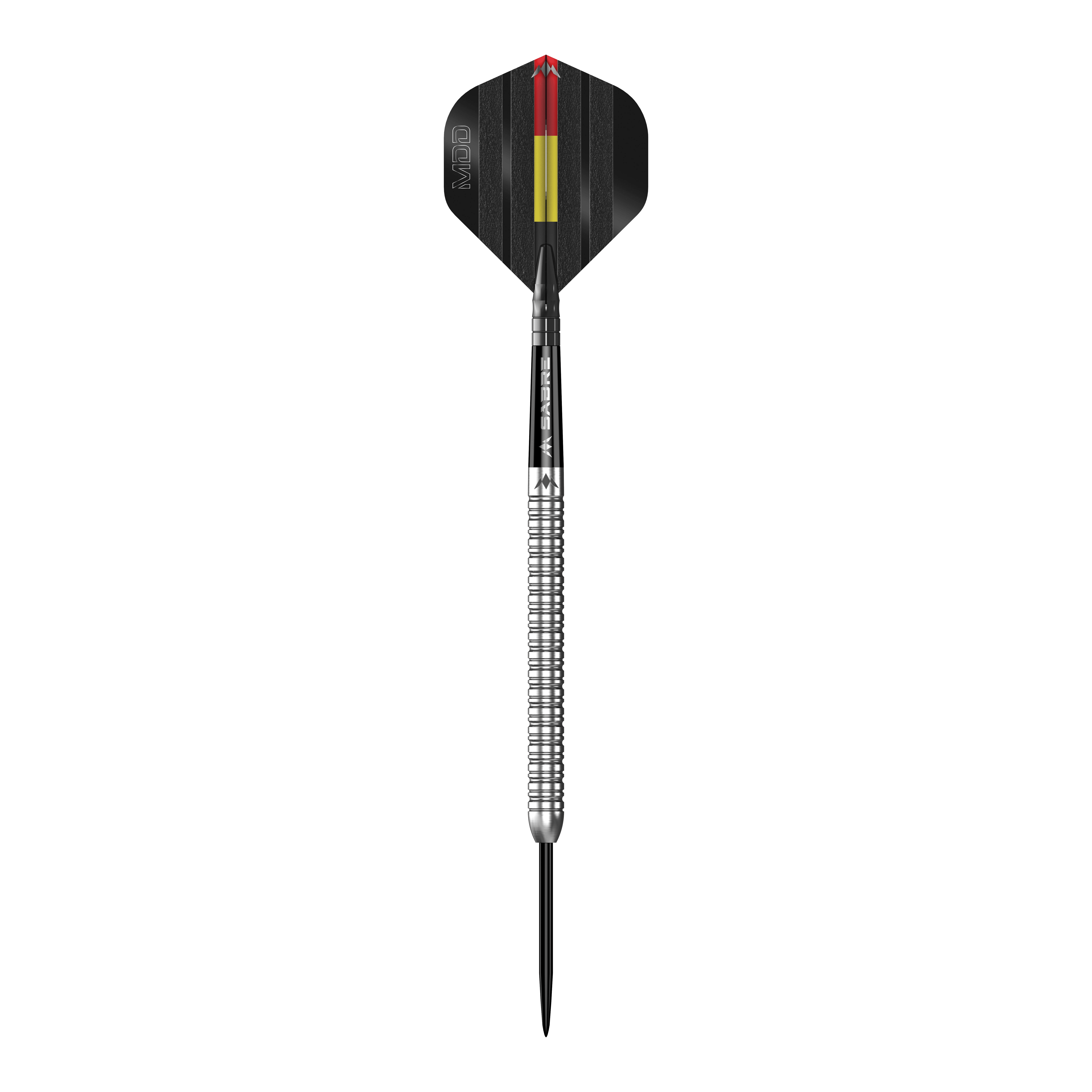 Mission Mike De Decker MDD Silver Steeldarts Das Bild zeigt einen einzelnen silbernen Steeldart namens "Mission Mike De Decker MDD Silver Steeldarts". Der Dart hat ein schwarz-gelbes Flight-Design und eine geriffelte silberne Barrel.