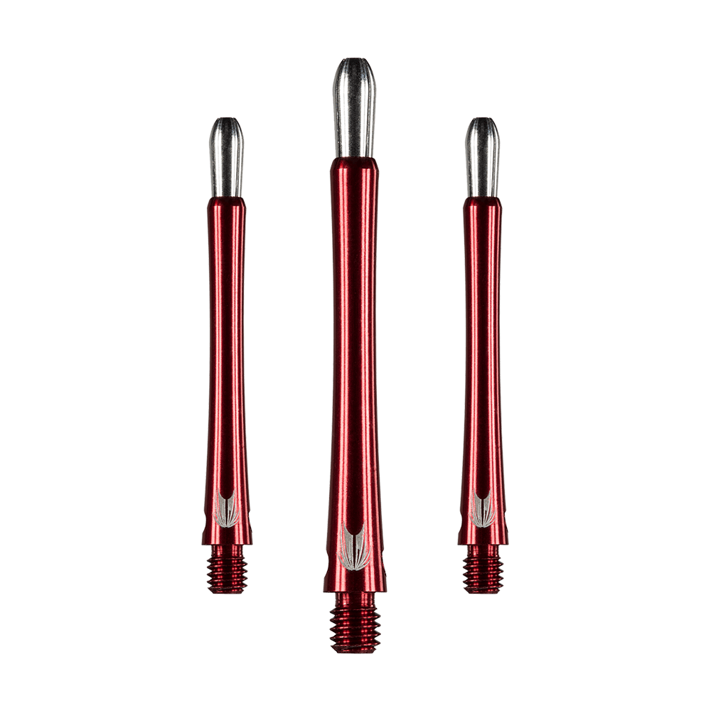 Das Bild zeigt drei rote Aluminium-Schäfte für Darts mit silbernen Enden. Die Schäfte haben ein glänzendes Finish und ein einfaches, elegantes Design.