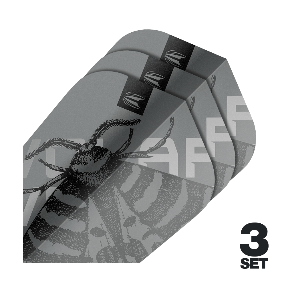 Target Pro Ultra Volar Ten-X Flights - 3 sets Das Bild zeigt drei Sätze Target Pro Ultra Volar Ten-X Flights in grau mit einem stilisierten Insekten-Design. In der Ecke steht "3 Set" in schwarzer Schrift.
