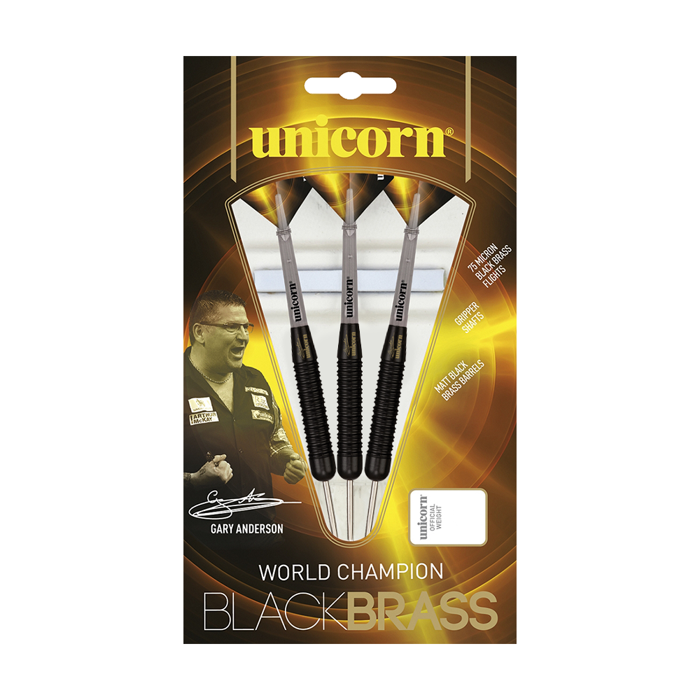 27661_Unicorn_Black_Brass_Gary_Anderson_V1_Steeldarts_3 Auf dem Bild ist eine Verpackung der "Unicorn Black Brass Gary Anderson V1 Steeldarts" zu sehen. Die Packung zeigt drei schwarze Darts sowie ein Bild von Gary Anderson und hebt die Eigenschaften der Darts hervor.