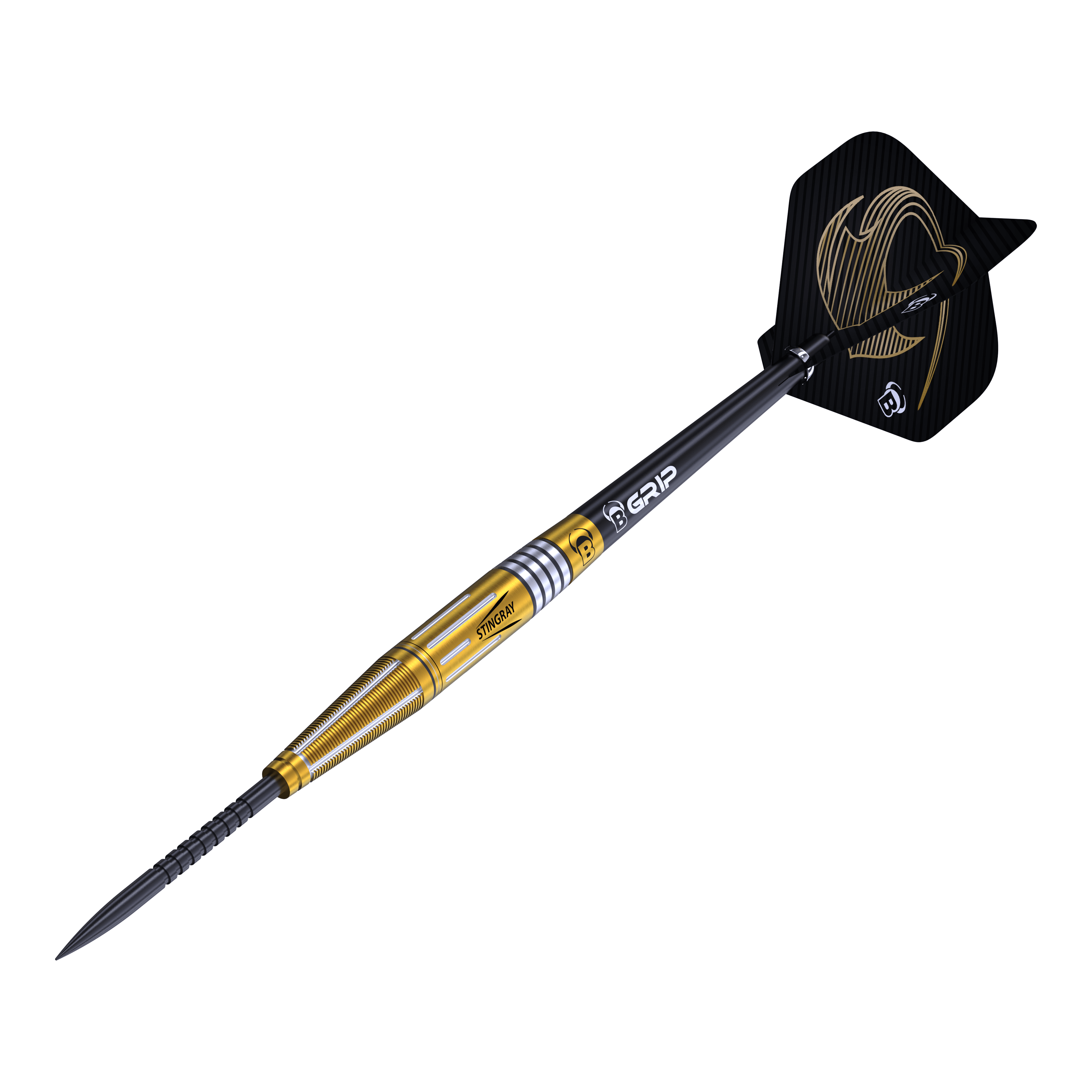 Bulls Stingray ST4 Steeldarts Das Bild zeigt einen Bulls Stingray ST4 Steeldart. Der Dart hat ein goldfarbenes Barrel und schwarze Flights mit einem auffälligen Design.