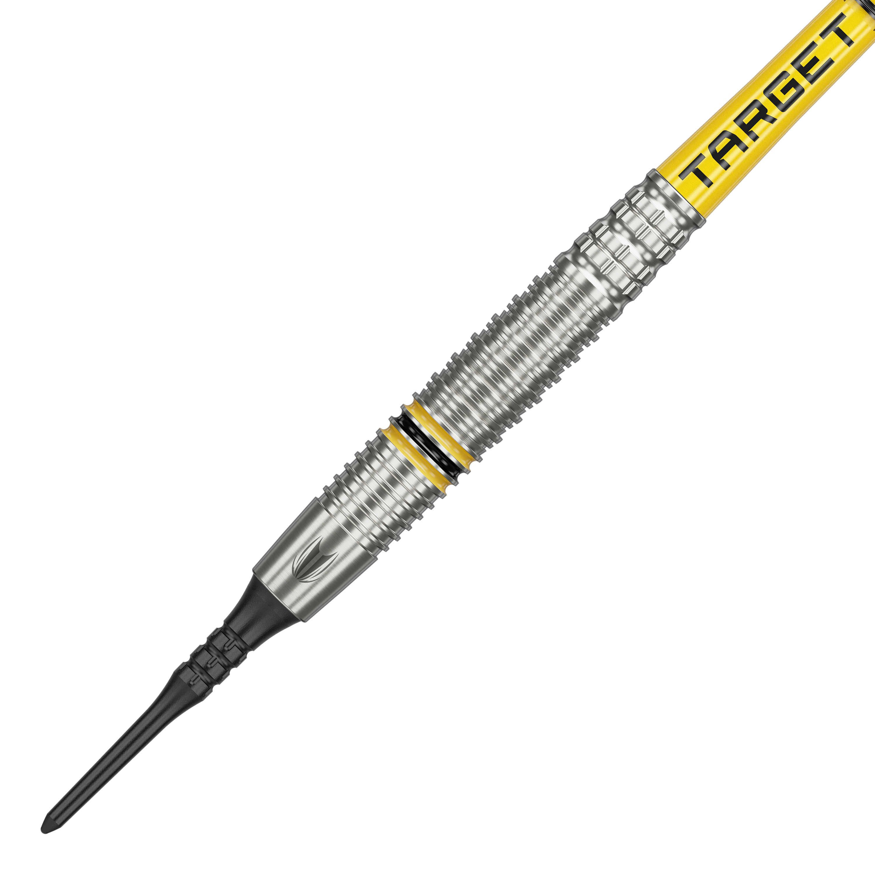 Dardos blandos Target Scott Williams GEN2 - 18 g Das Bild zeigt einen Target Scott Williams GEN2 Softdart mit einem Gewicht von 18 Gramm. Der Dart hat silberne Rillen und gelbe Akzente sowie die Aufschrift "TARGET" auf dem Schaft.