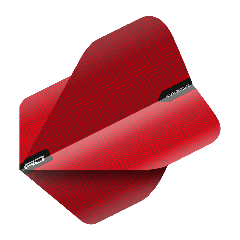 TF6425_Red_Dragon_Hardcore_Red_Standard_Flights_2 Das Bild zeigt die Red Dragon Hardcore Red Standard Flights. Sie haben ein auffälliges rotes Muster mit schwarzen Akzenten und Schriftzügen.