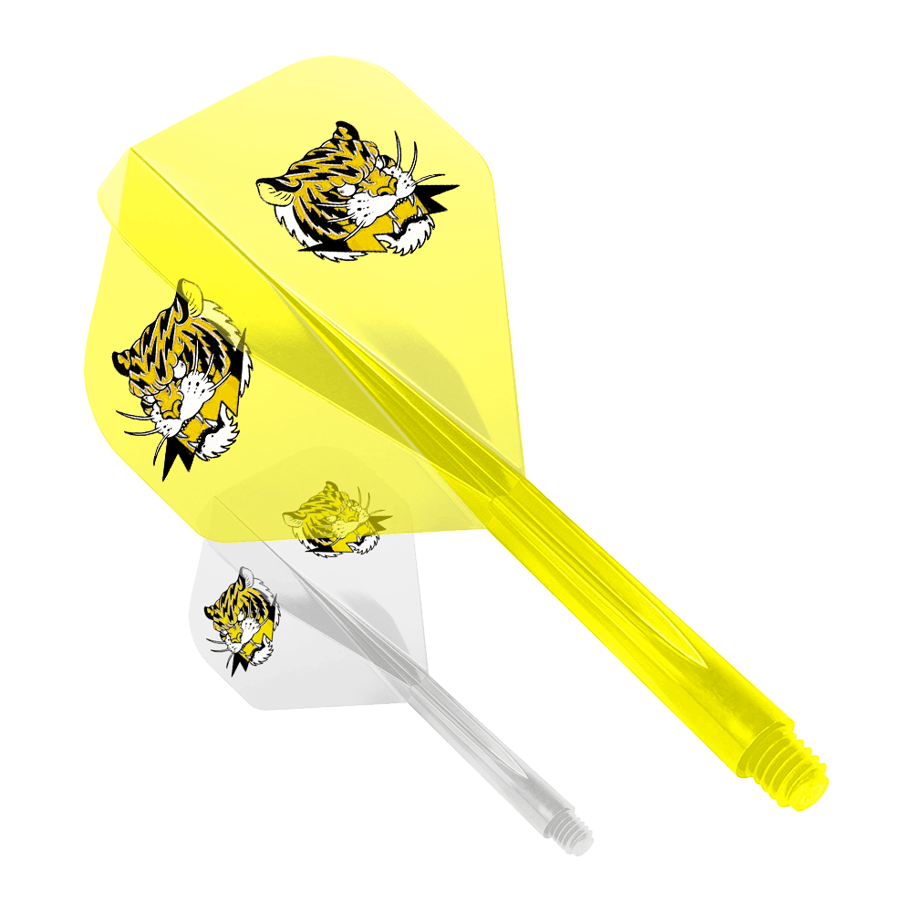 Condor AXE Inazuma Tiger Mix Flight-System Yellow Clear - Standard Das Bild zeigt zwei Dart-Flights des Modells "Condor AXE Inazuma Tiger Mix Flight-System" in Gelb und Transparent. Beide Flights sind mit einem Tigerkopf-Motiv bedruckt.