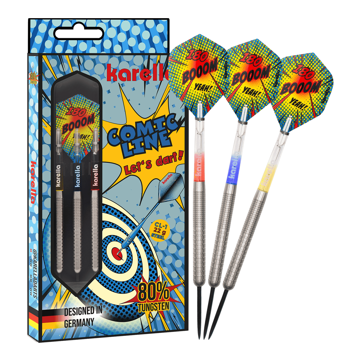 Dardos de acero Karella Comic Line CL-1 - 22 g Das Bild zeigt den Karella Comic Line CL-1 Steeldarts - 22g. Es veranschaulicht die vollständige Ansicht des Steeldartpfeils.