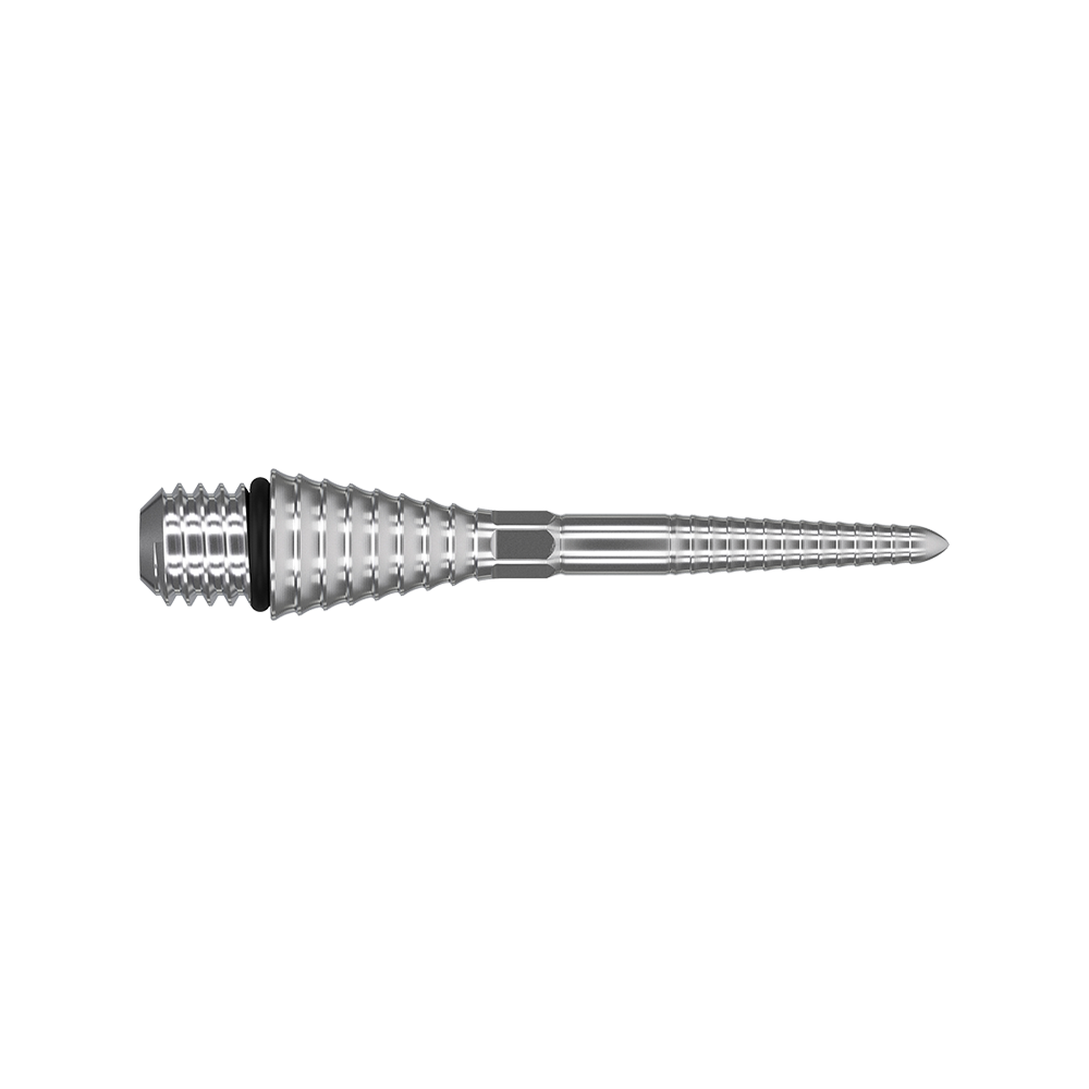 380180_Target_Titanium_Swiss_Point_Grooved_Conversion_Points_Silber_26mm_2 Auf dem Bild ist eine silberne, gerillte Dartspitze aus Metall zu sehen. Sie hat eine konische Form mit feinen Rillen und einem Sechskant am Ende.