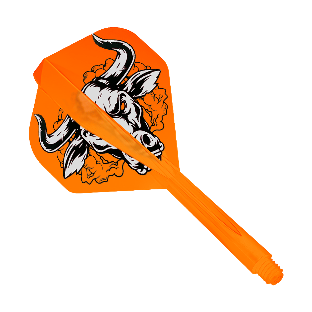 Condor Axe Aussie Bull Orange Système de vol standard Auf dem Bild ist ein orangefarbenes Dartflight-System mit einem auffälligen Bullen-Design zu sehen. Das Produkt heißt "Condor Axe Aussie Bull Orange Flight-System Standard".