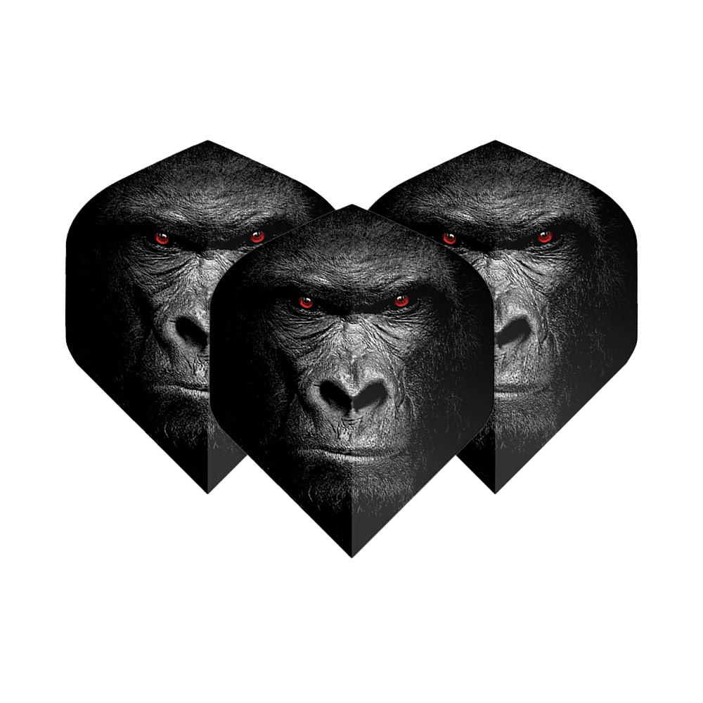 Lety v pětiboji Gorilla Das Bild zeigt drei Dart-Flights mit dem Gesicht eines Gorillas und leuchtend roten Augen. Die Flights sind das Produkt "Pentathlon Gorilla No2 Standard Flights".