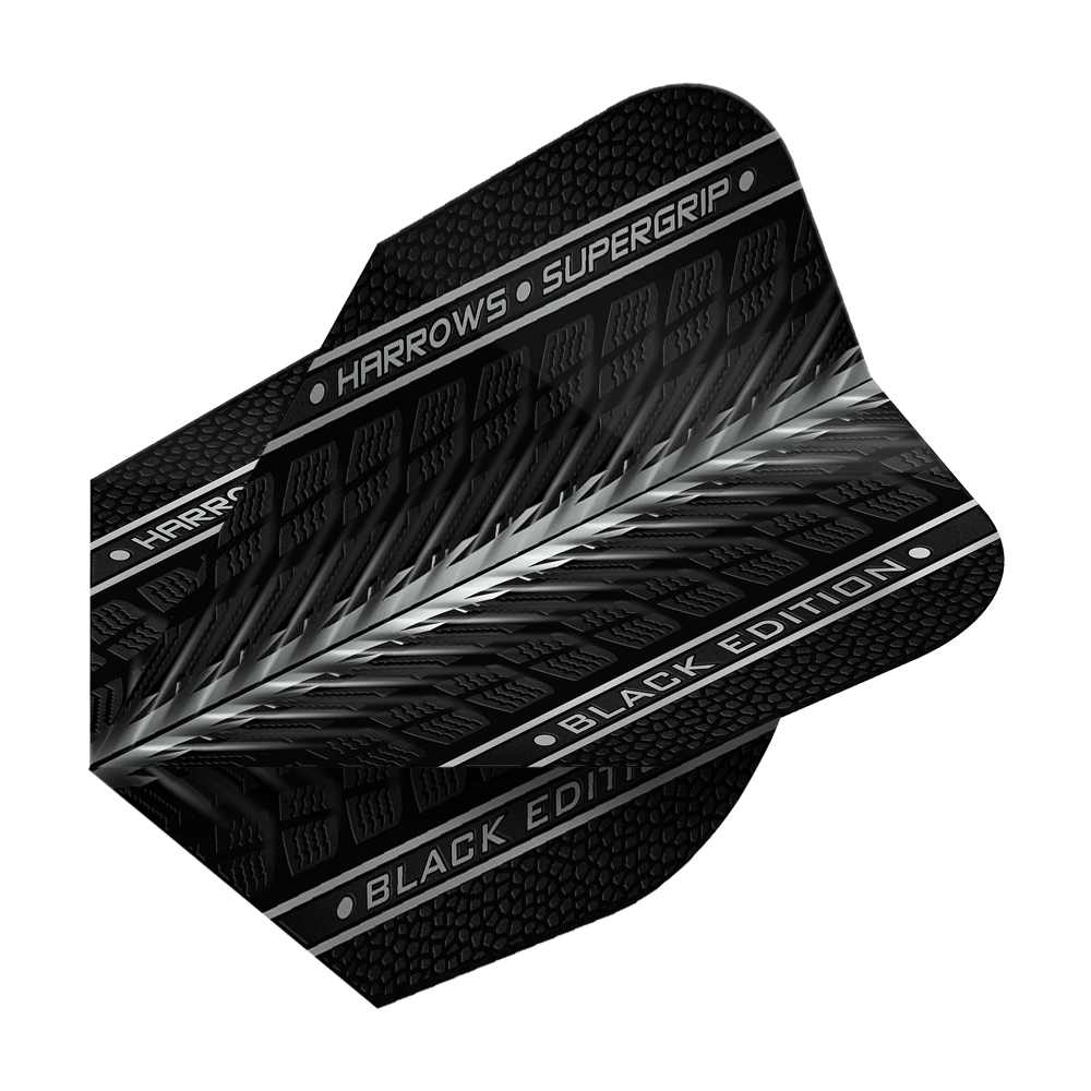Harrows Supergrip Black Edition No6 Flights Das Bild zeigt das Produkt "Harrows Supergrip Black-Edition No6 Flights" in schwarzem Design. Auf dem Flight sind die Schriftzüge "HARROWS • SUPERGRIP" und "BLACK EDITION" zu sehen.