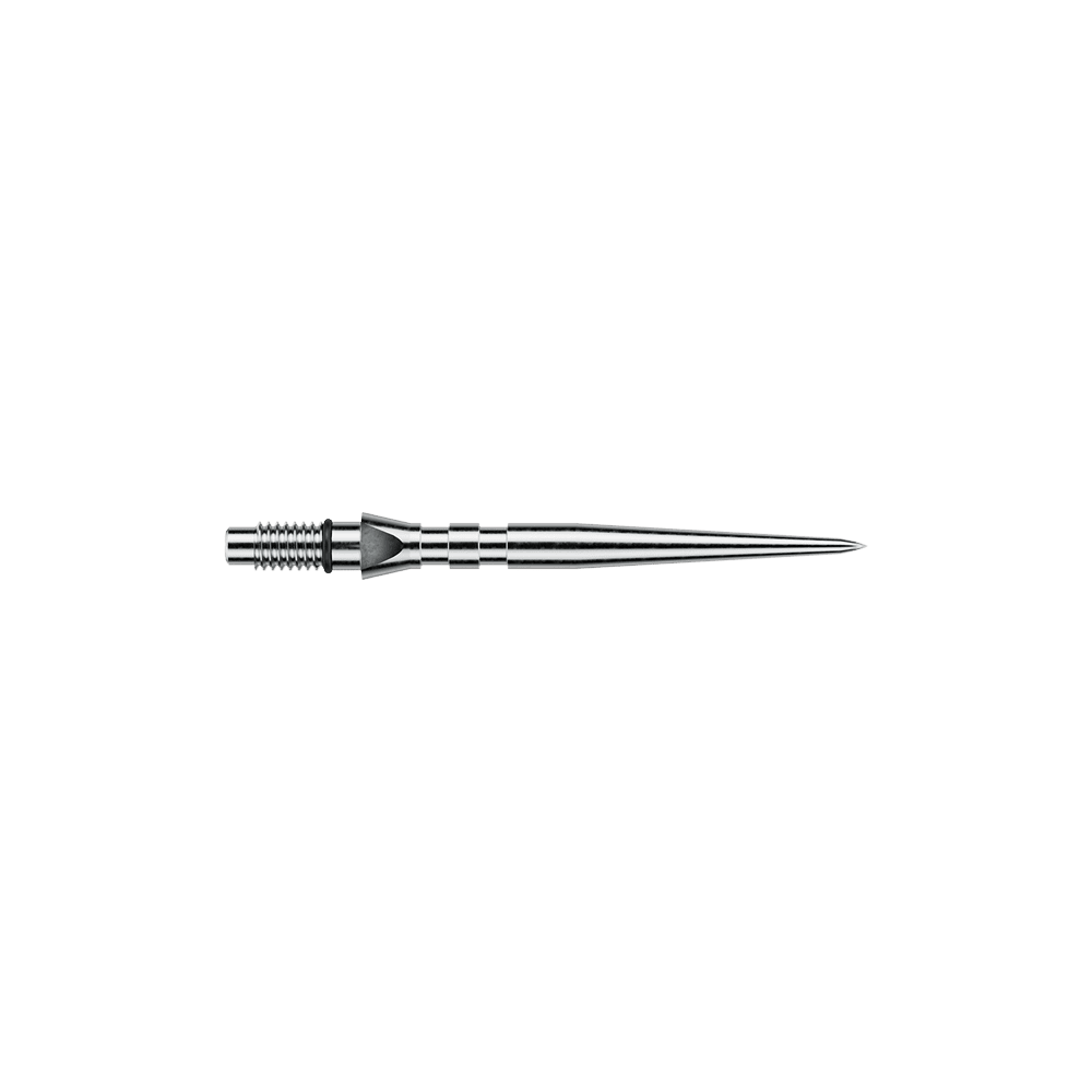 Ocelové hroty na šipky Winmau Switch Point Groove - stříbrný efekt Das Bild zeigt silberfarbene Steeldartspitzen mit Rillen, vermutlich 'Switch Point Groove Silver Effect' und 26mm lang. Die Spitzen sind für Steeldarts vorgesehen.