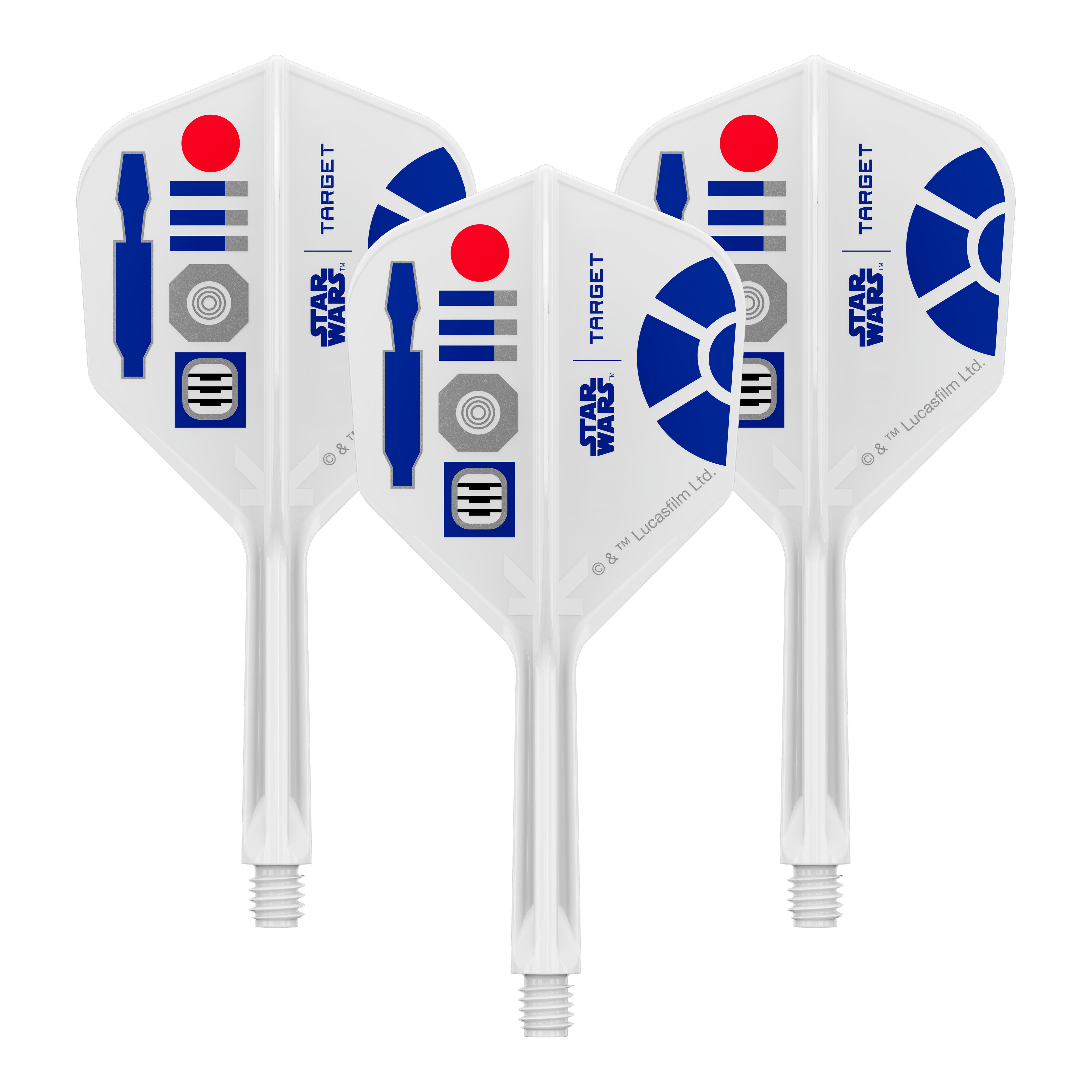 Abgebildet ist ein Produkt mit dem Dateinamen 410511_Target_StarWars_KFlex_R2D2_No6_Flights_Intermediate_26mm_1Set. Es könnte sich um ein Set von Dart-Flights mit Star Wars Motiv handeln.