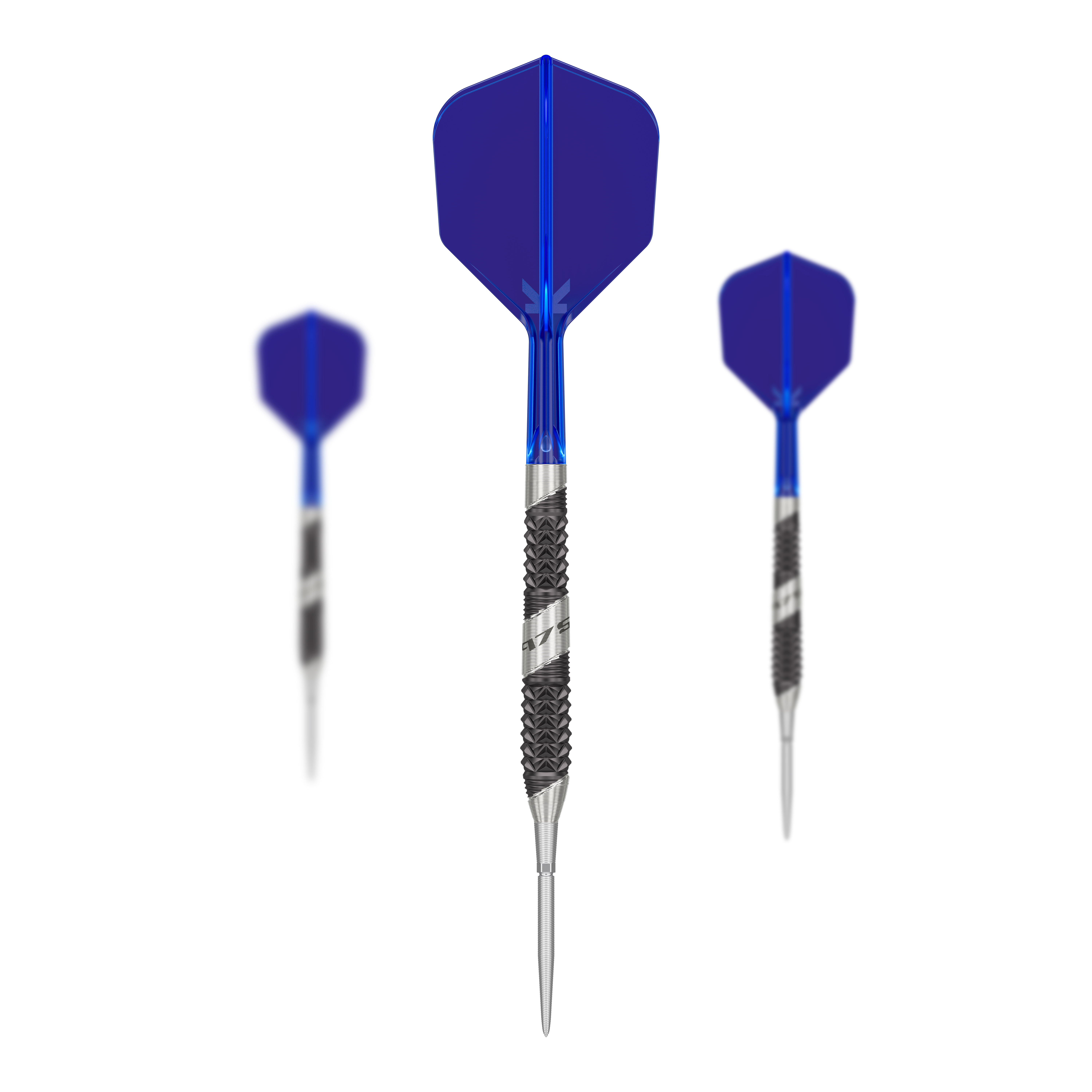 Dardos de acero Target 975 Ultra Marine 02 Swiss Point Das Bild zeigt drei Steeldarts des Produkts "Target 975 Ultra Marine 02 Swiss Point". Die Darts haben blaue Flights und silber-schwarze Barrels mit einem strukturierten Griff.