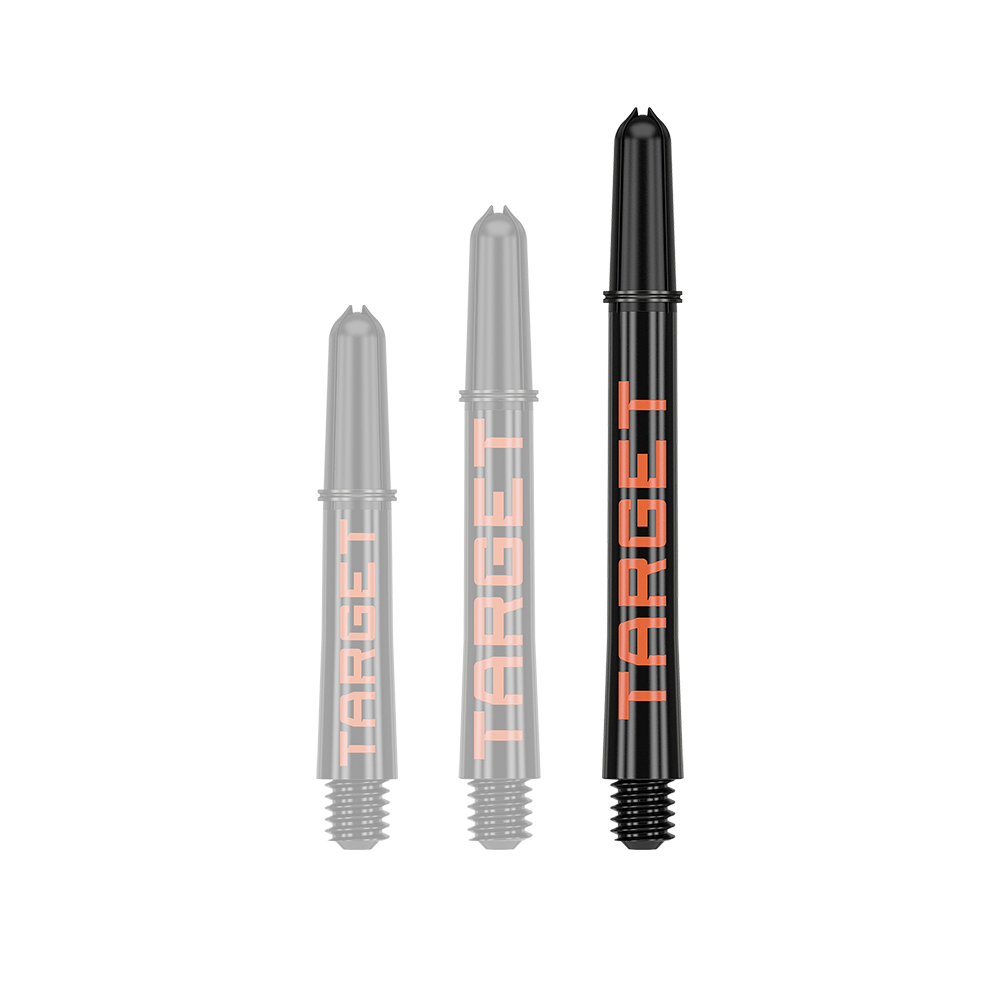 Target Pro Grip TAG Shafts - 3 Sets - Black Orange Das Bild zeigt drei schwarze Dartschäfte in verschiedenen Längen mit orangefarbener Schrift. Auf jedem Schaft steht das Wort "TARGET".