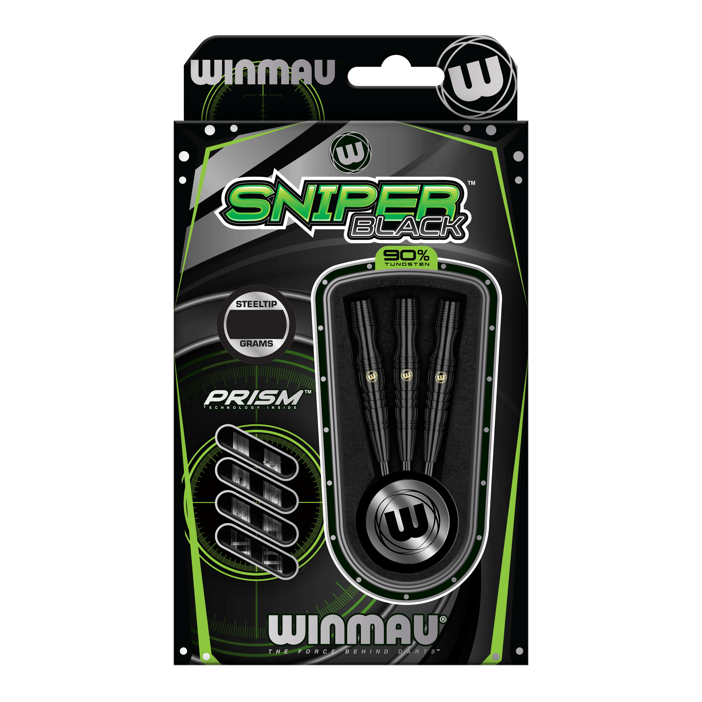 Stalowe lotki Winmau Sniper Black Das Bild zeigt eine Verpackung der "Winmau Sniper Black Steeldarts". In der Packung sind drei schwarze Steeldarts mit 90% Tungsten-Anteil zu sehen.