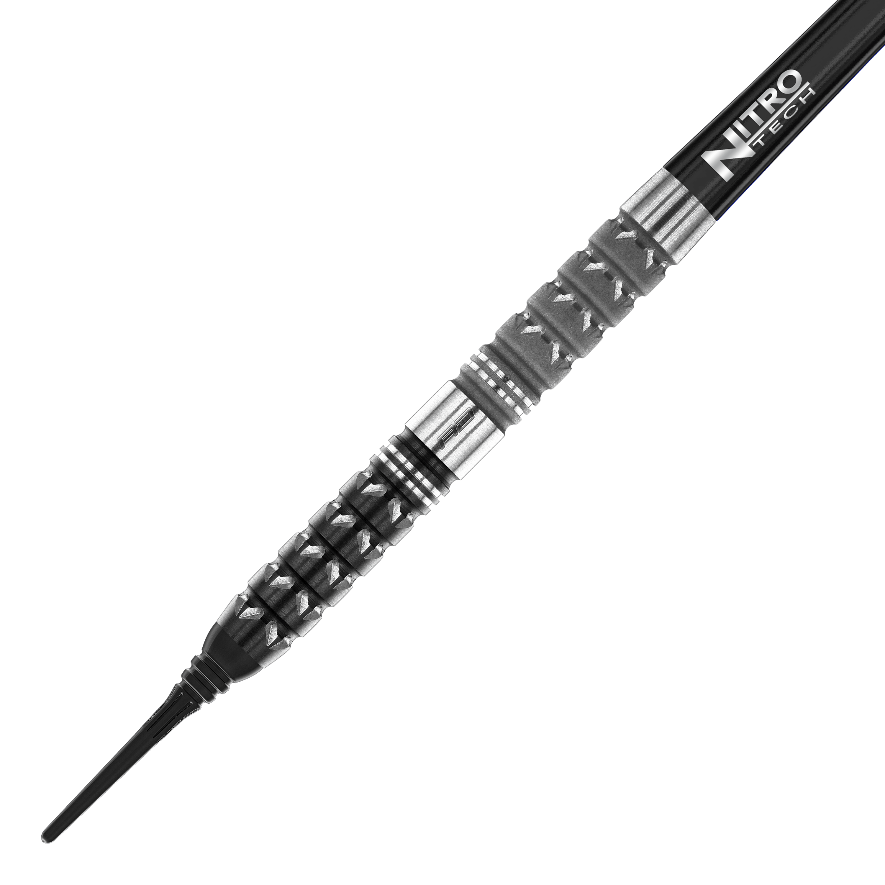 Šipky Red Dragon Paradym Tapered Soft - 20g Das Bild zeigt den Red Dragon Paradym Tapered Softdart mit einem Gewicht von 20g. Der Dart hat ein markantes, silber-schwarzes Design mit spezieller Griffstruktur und der Aufschrift "Nitro Tech" am Schaft.