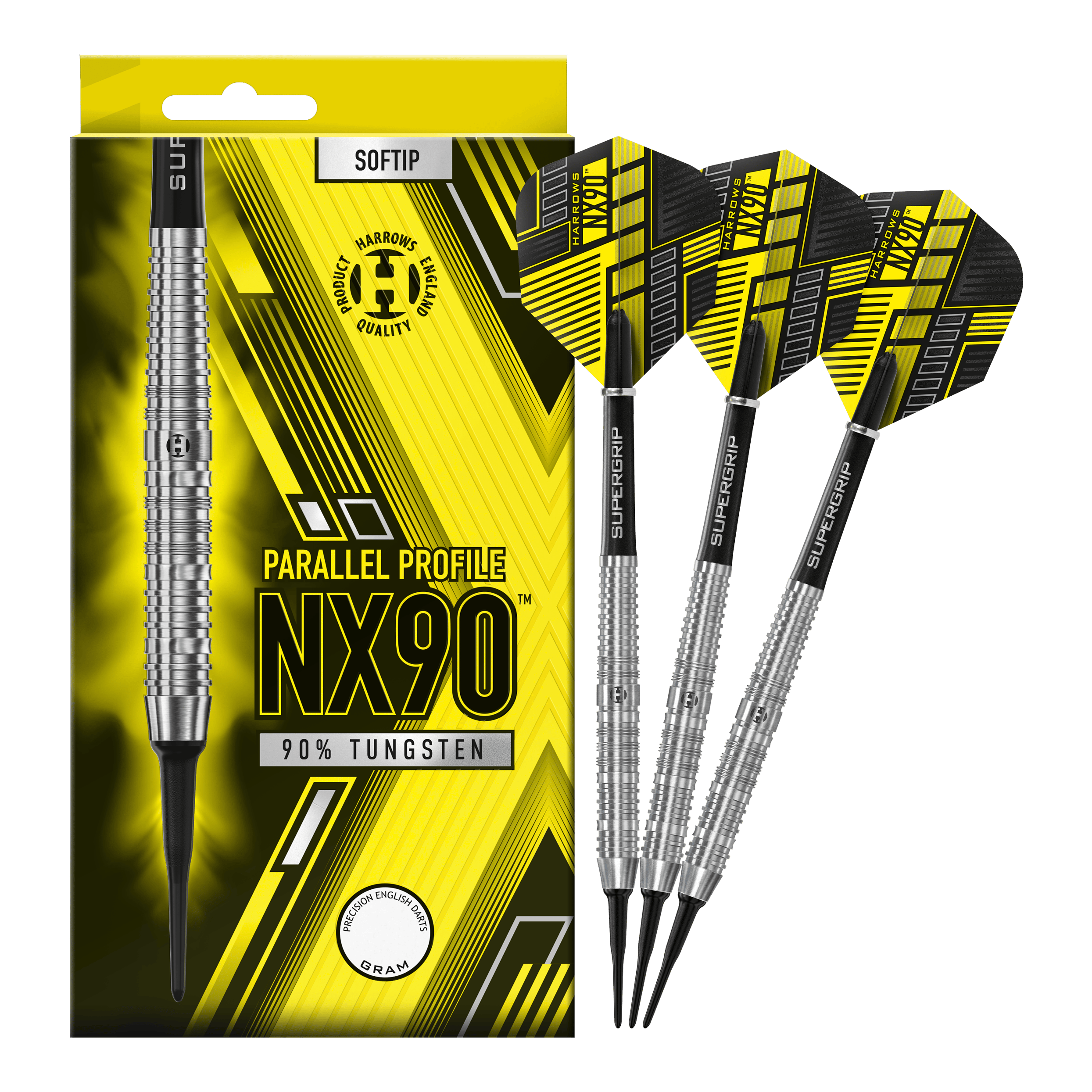 Harrows NX90 Parallel Softdarts Das Bild zeigt eine Packung der Harrows NX90 Parallel Softdarts mit gelb-schwarzem Design. Daneben liegen drei silberne Softdarts mit schwarzen und gelben Flights.