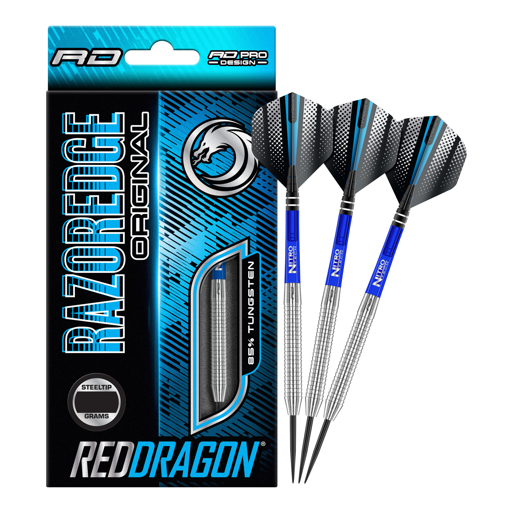 Red Dragon Razor Edge Original Steeldarts Das Bild zeigt eine Packung „Red Dragon Razor Edge Original Steeldarts - 24g“ und drei dazugehörige Dartpfeile. Die Verpackung ist hauptsächlich blau und schwarz gestaltet und hebt den Schriftzug „RAZOREDGE ORIGINAL“ sowie „85% TUNGSTEN“ hervor.