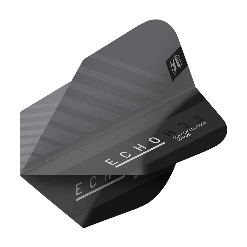 TG481_335410_Target_ProUltra_Echo_No6_Flights_2 Das Bild zeigt das Produkt "Target ProUltra Echo No6 Flights". Es handelt sich um eine schwarze Dartflugfeder mit modernem, minimalistischem Design und der Aufschrift "ECHO".