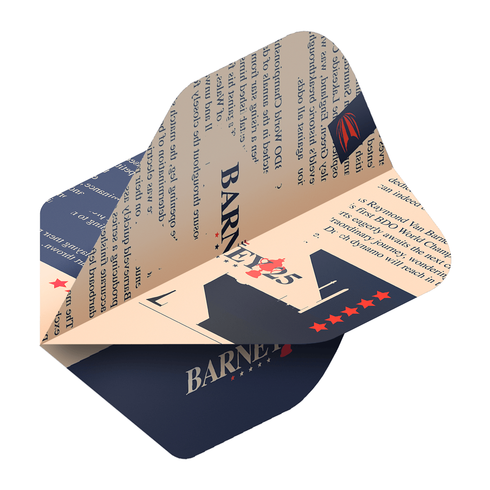 Cíl ProUltra Raymond Van Barneveld Barney25 Standardní lety Das Bild zeigt einen Target ProUltra Raymond Van Barneveld Barney25 Standard Flight für Darts. Das Design ist in Blau und Beige gehalten und enthält Sterne sowie den Schriftzug "Barney25".